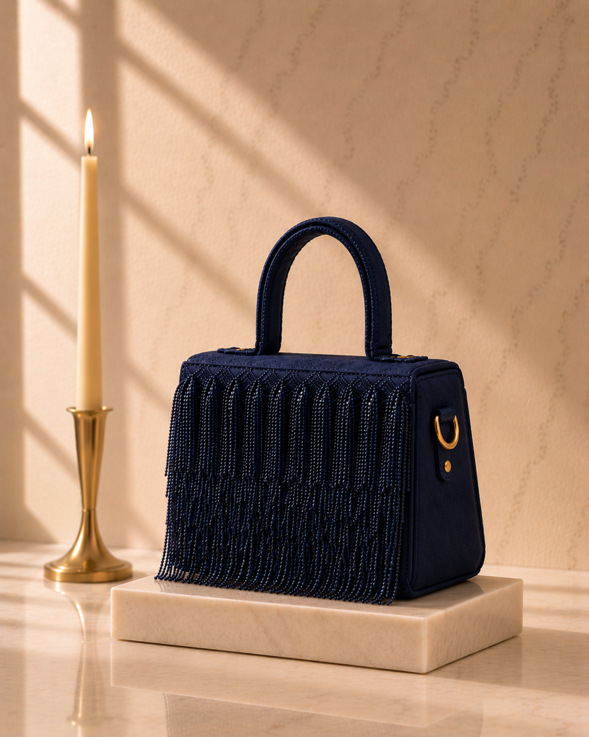 Navy blue Cascade Satchel with beaded fringe embroidery, side profile beside a taper candle