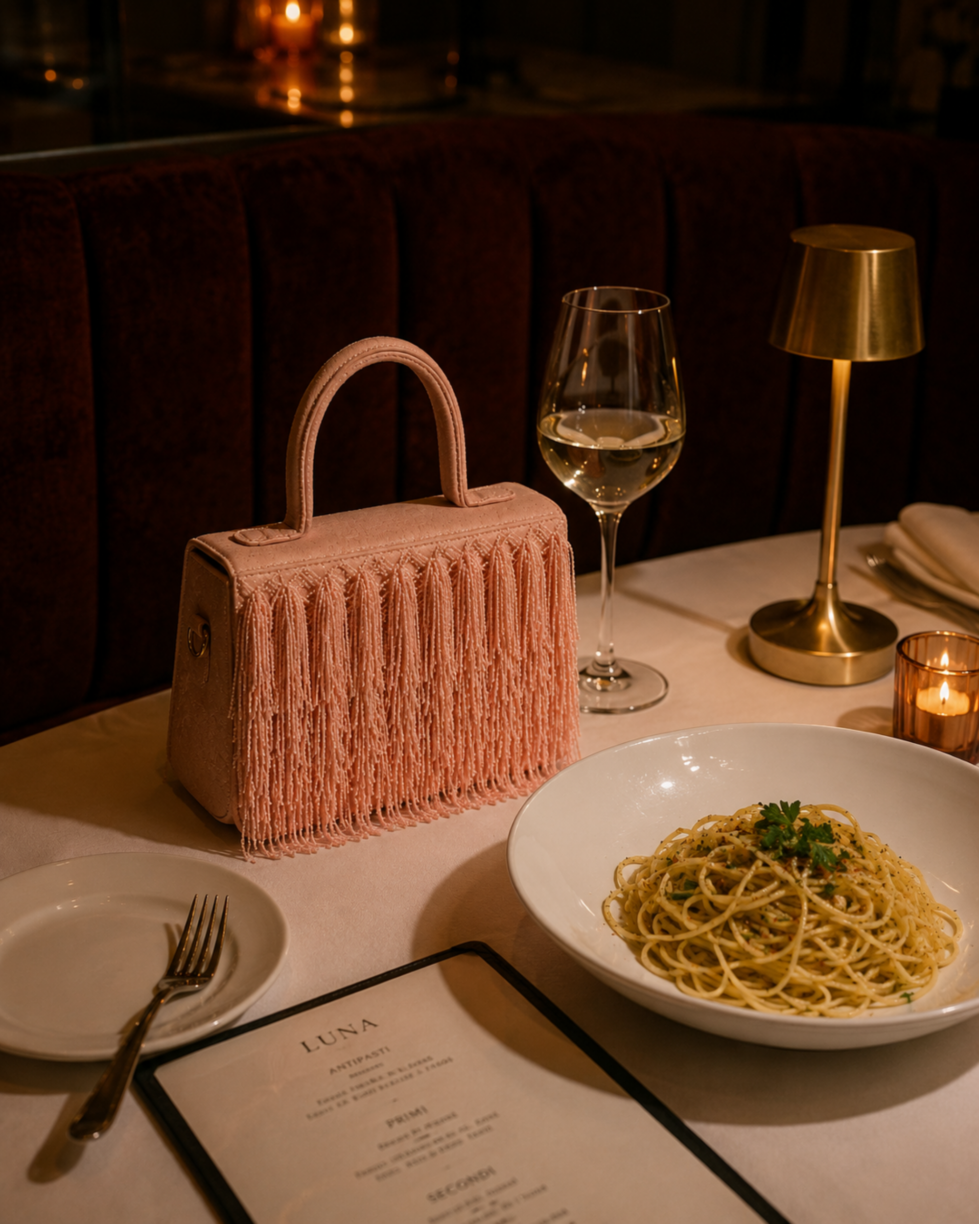 Blush Cascade Satchel on a restaurant table beside wine and pasta