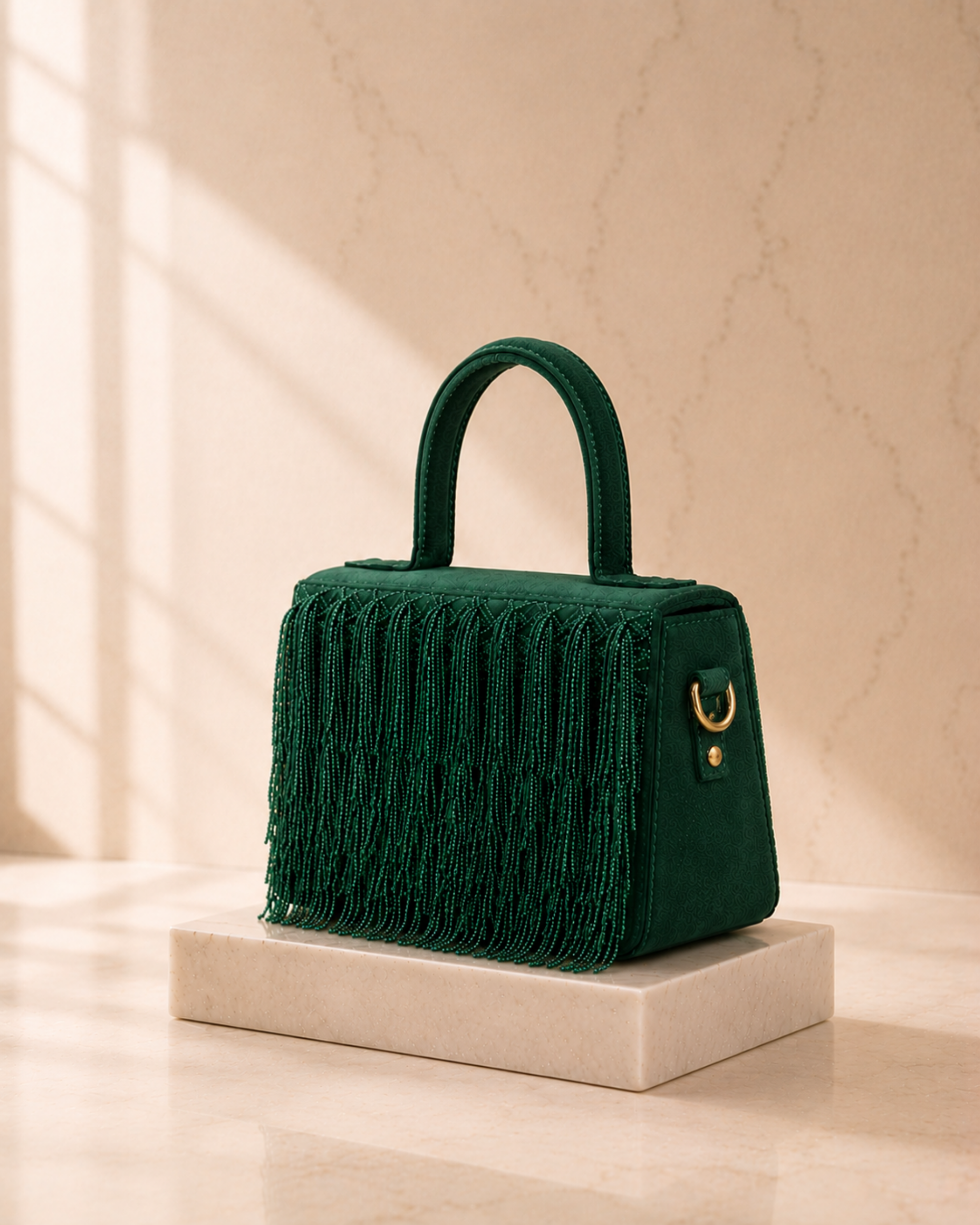 Green Cascade Satchel with beaded fringe embroidery, side profile on marble