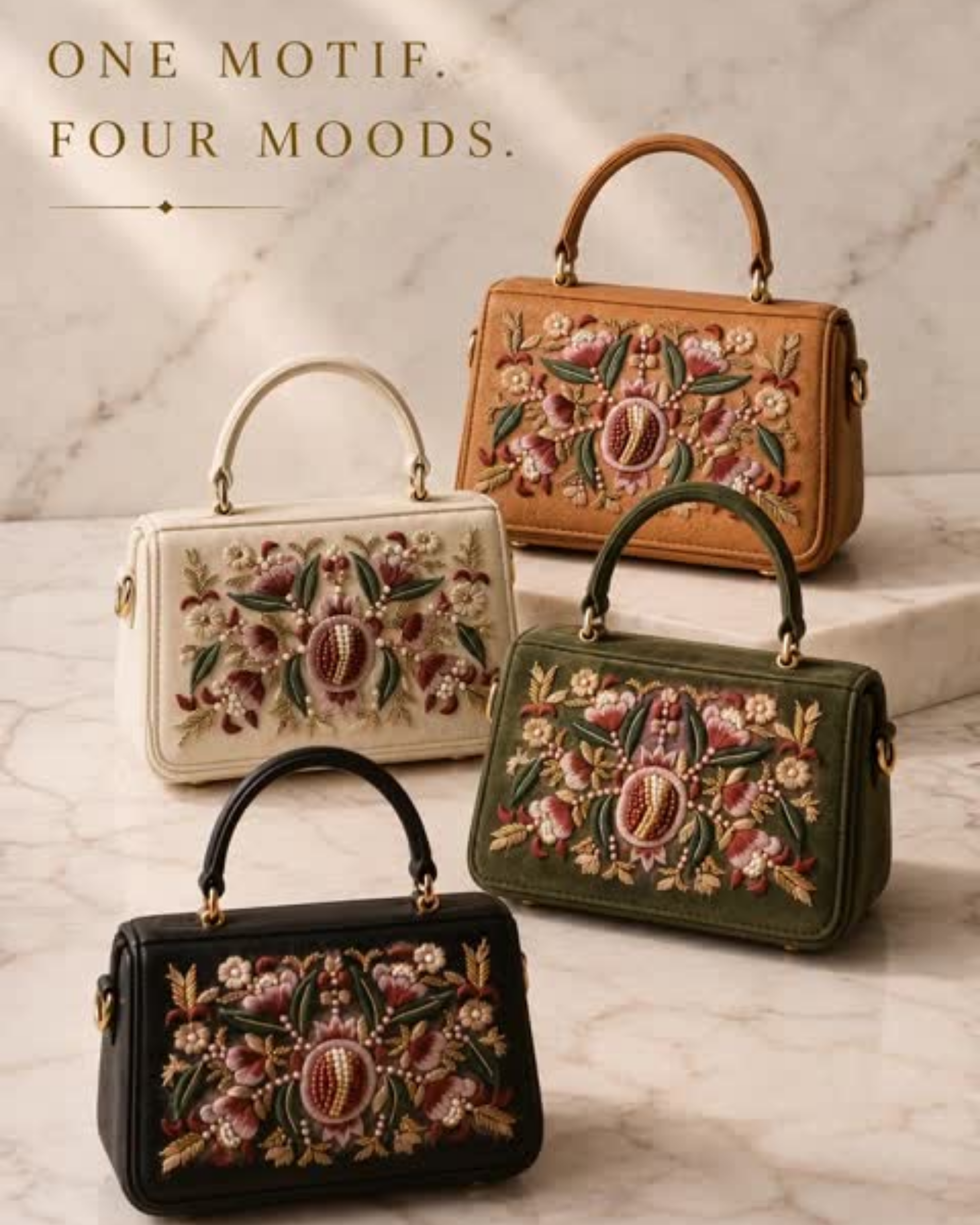 The House of Shine Florence hand-embroidered luxury satchel in all four colourways — ivory, beige, olive and black — displayed together on marble surface