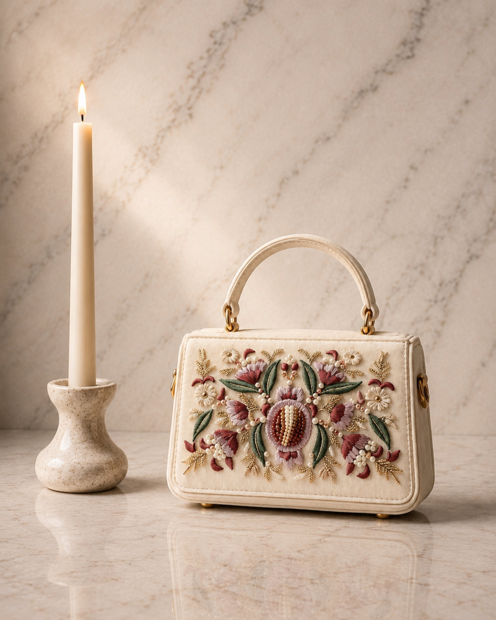 The House of Shine Florence hand-embroidered ivory satchel with pomegranate floral motif in silk thread and pearl beads, front view on marble surface