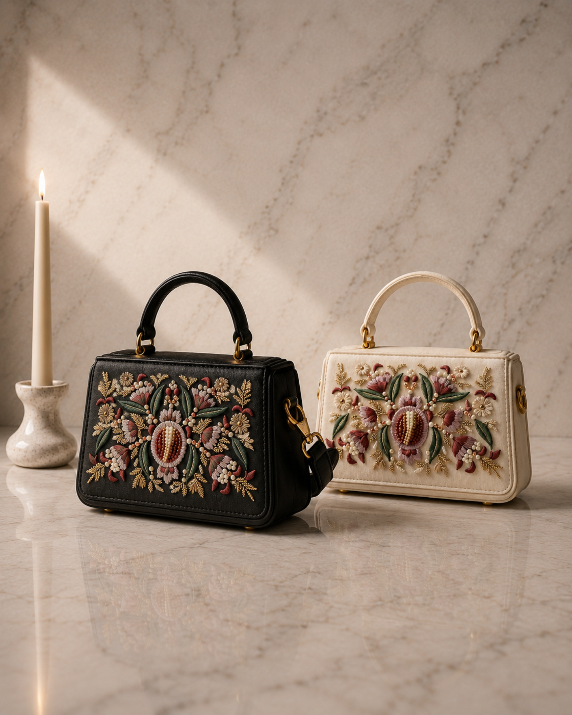 The House of Shine Florence hand-embroidered satchel in black and ivory colourways side by side on marble surface