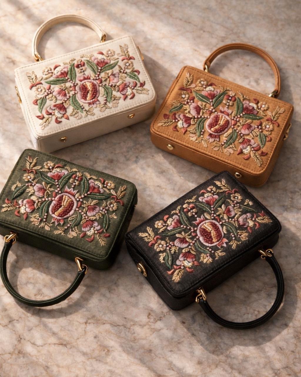 Flat lay of The House of Shine Florence hand-embroidered satchel in ivory, beige, olive and black on marble surface