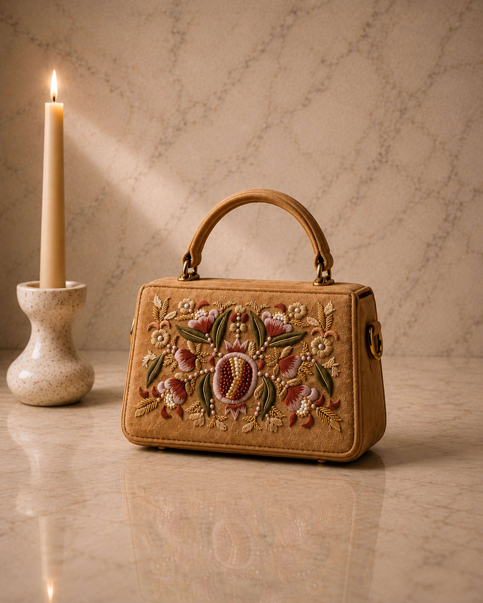 The House of Shine Florence hand-embroidered beige satchel with pomegranate floral motif in silk thread and pearl beads, front view on marble surface