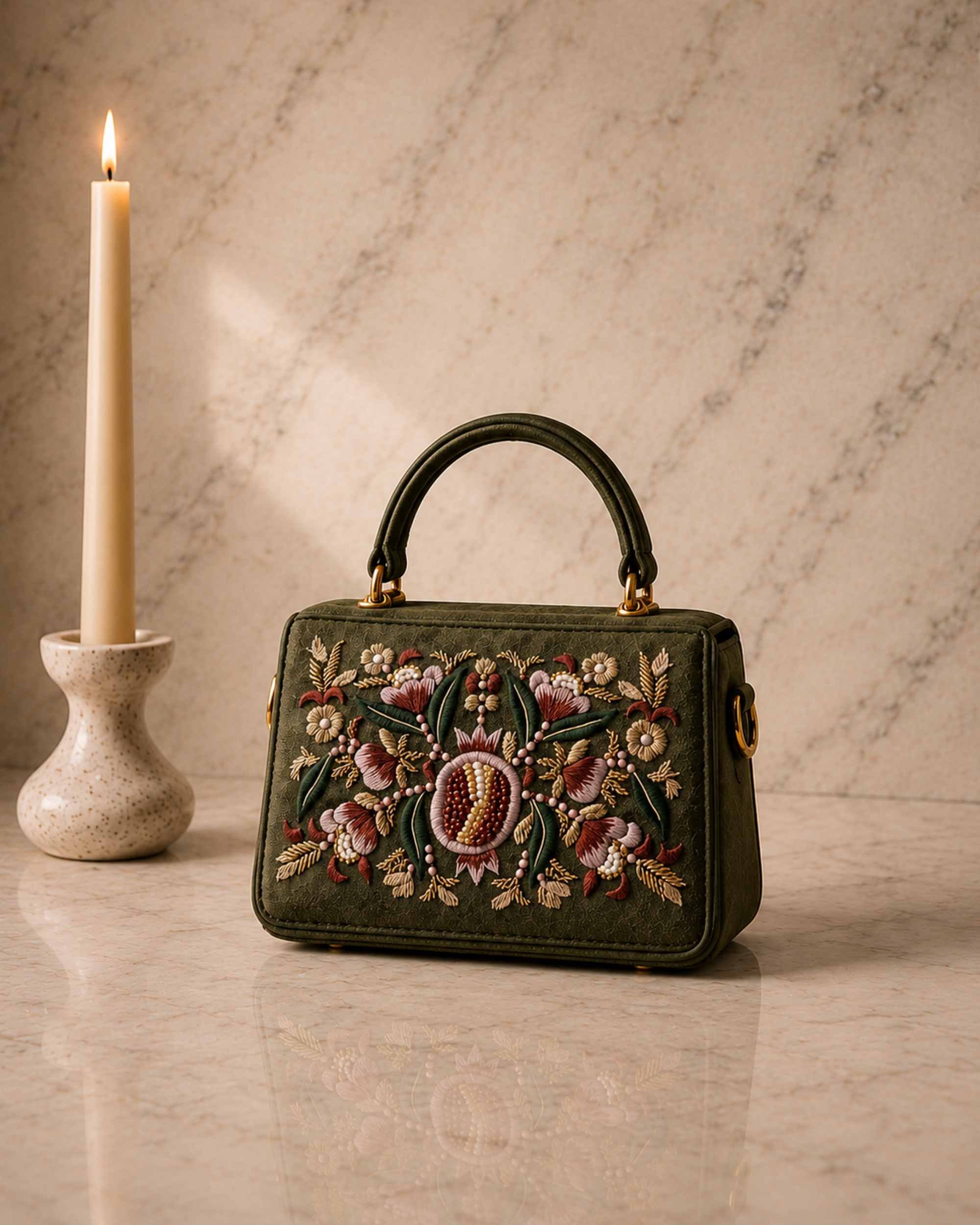 The House of Shine Florence hand-embroidered olive green satchel with pomegranate floral motif in silk thread and pearl beads, front view on marble surface