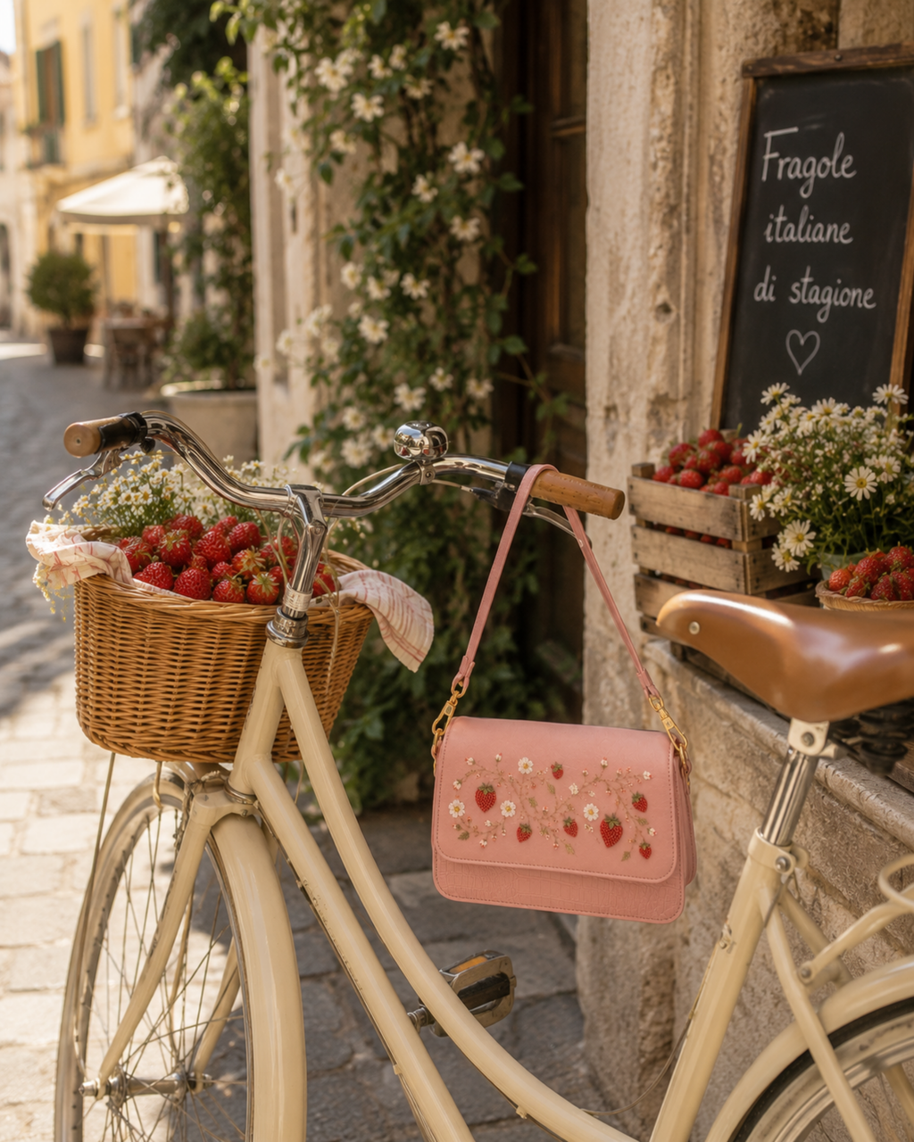 Fragola hand embroidered designer handbag hanging from a bicycle basket filled with strawberries