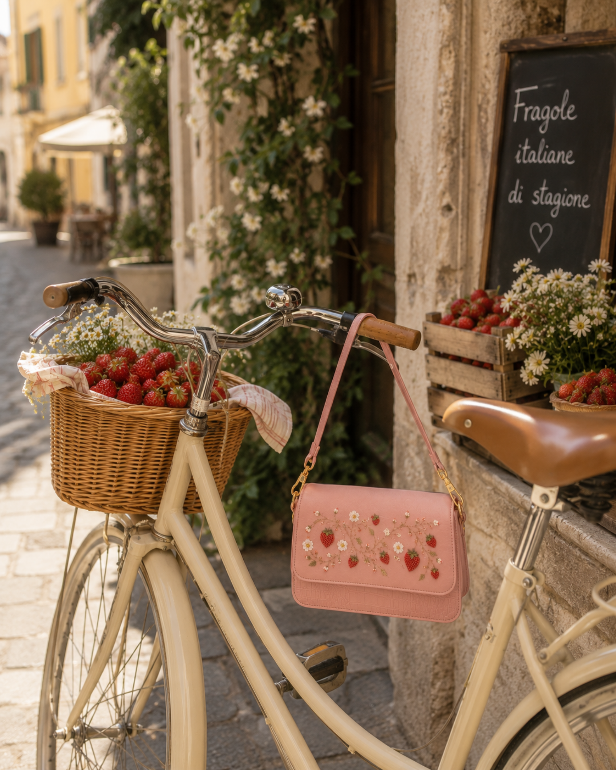 Fragola hand embroidered designer handbag hanging from a bicycle basket filled with strawberries