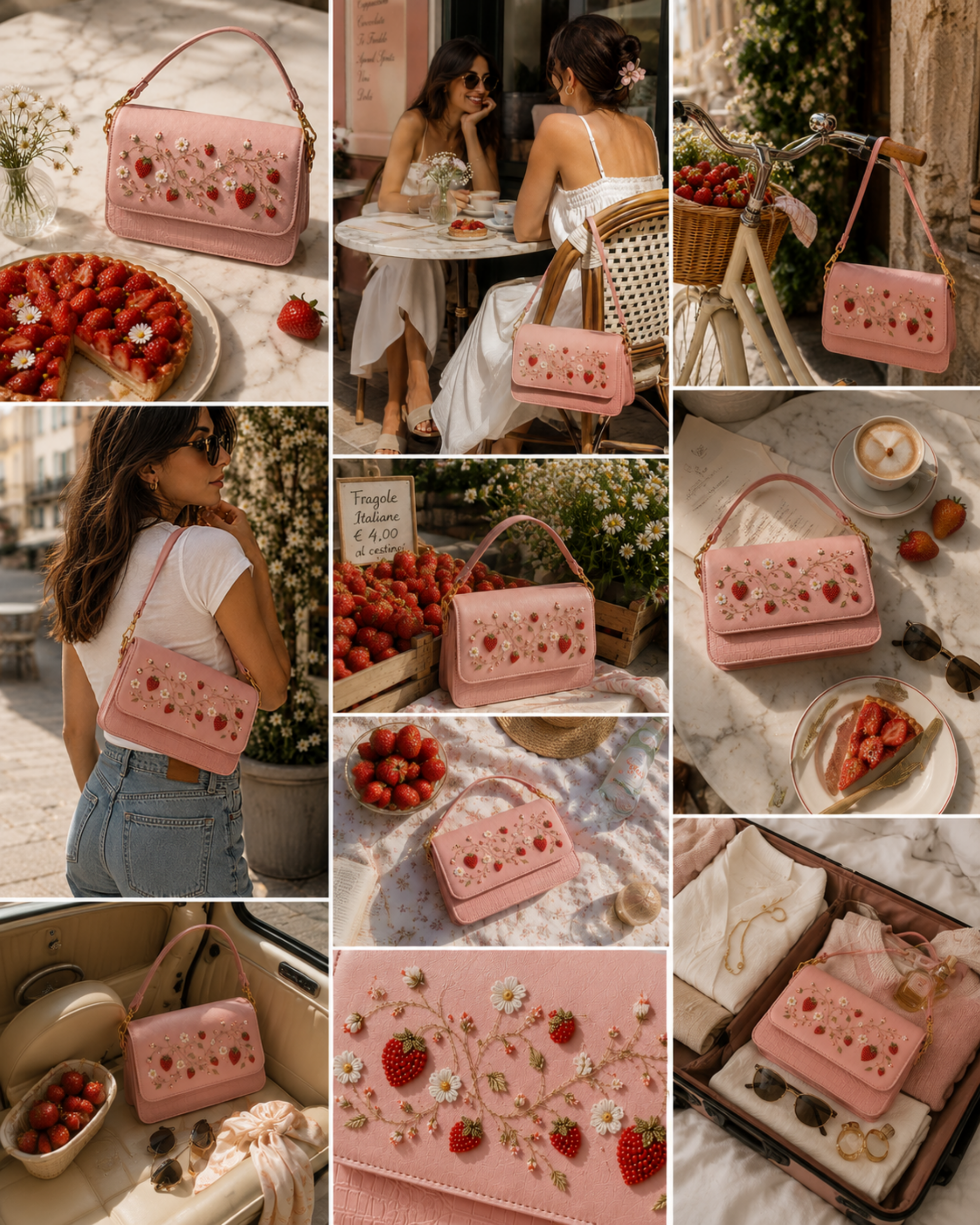 Campaign grid of the Fragola hand embroidered strawberry motif handbag in multiple lifestyle settings