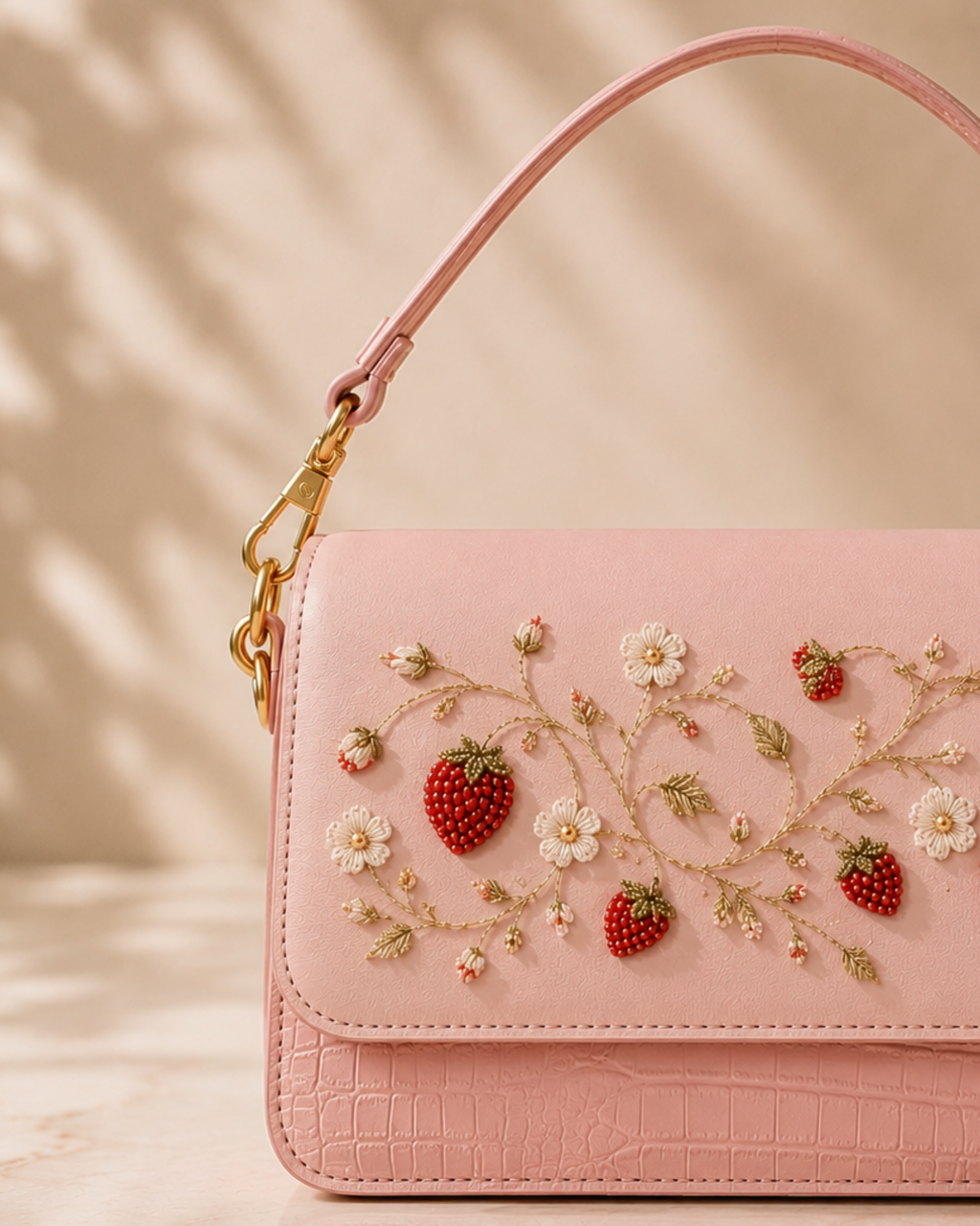 Close-up of Fragola's hand embroidered strawberry and daisy motif on pink leather handbag flap