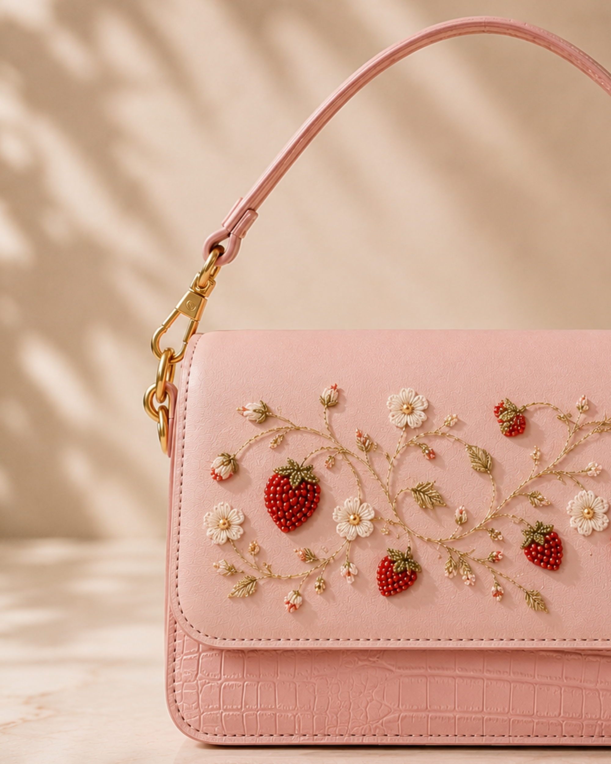 Close-up of Fragola's hand embroidered strawberry and daisy motif on pink leather handbag flap