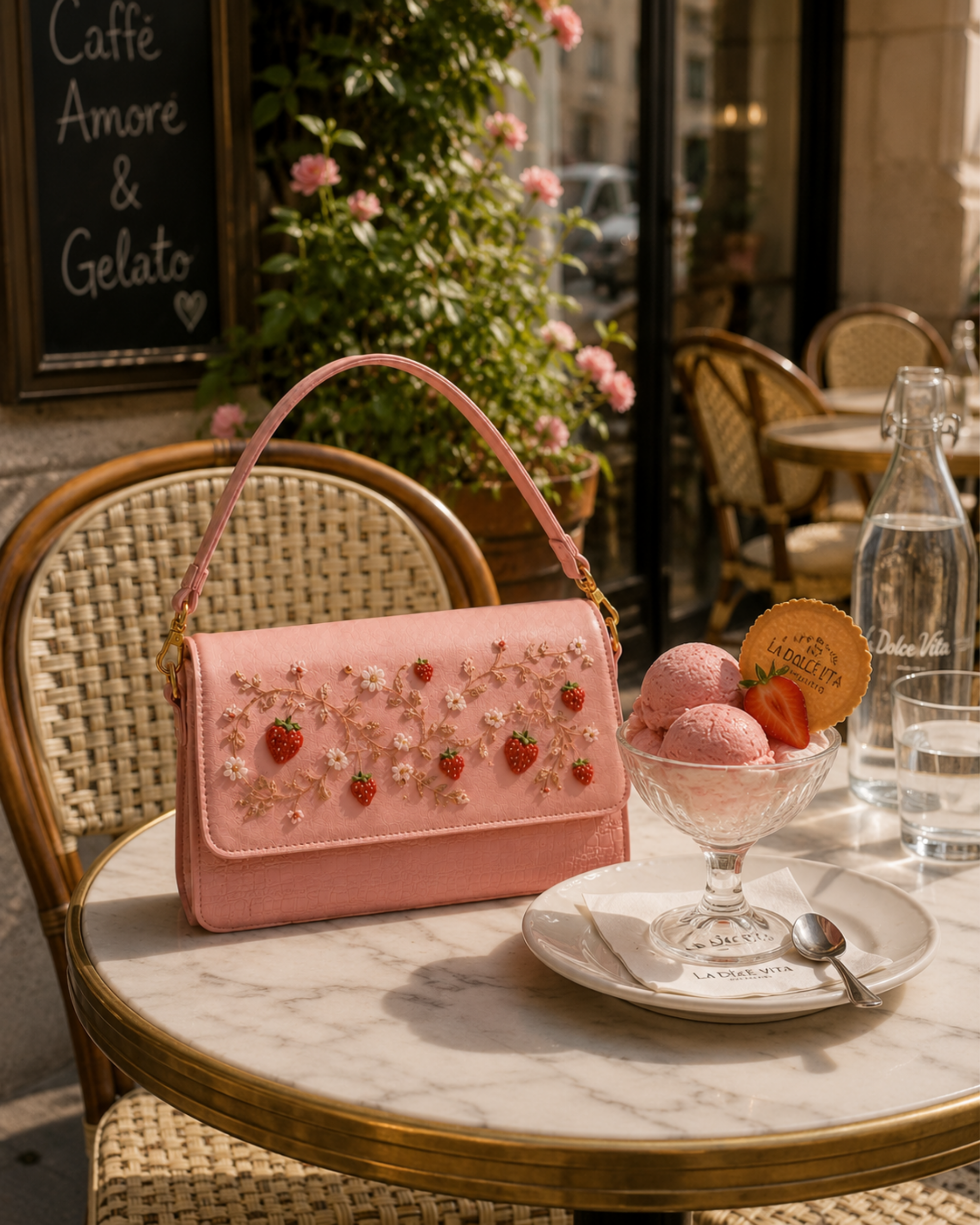 Fragola luxury embroidered handbag on a cafe table beside strawberry gelato