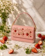 Fragola hand embroidered handbag with strawberry and daisy motif on marble with fresh strawberries and flowers