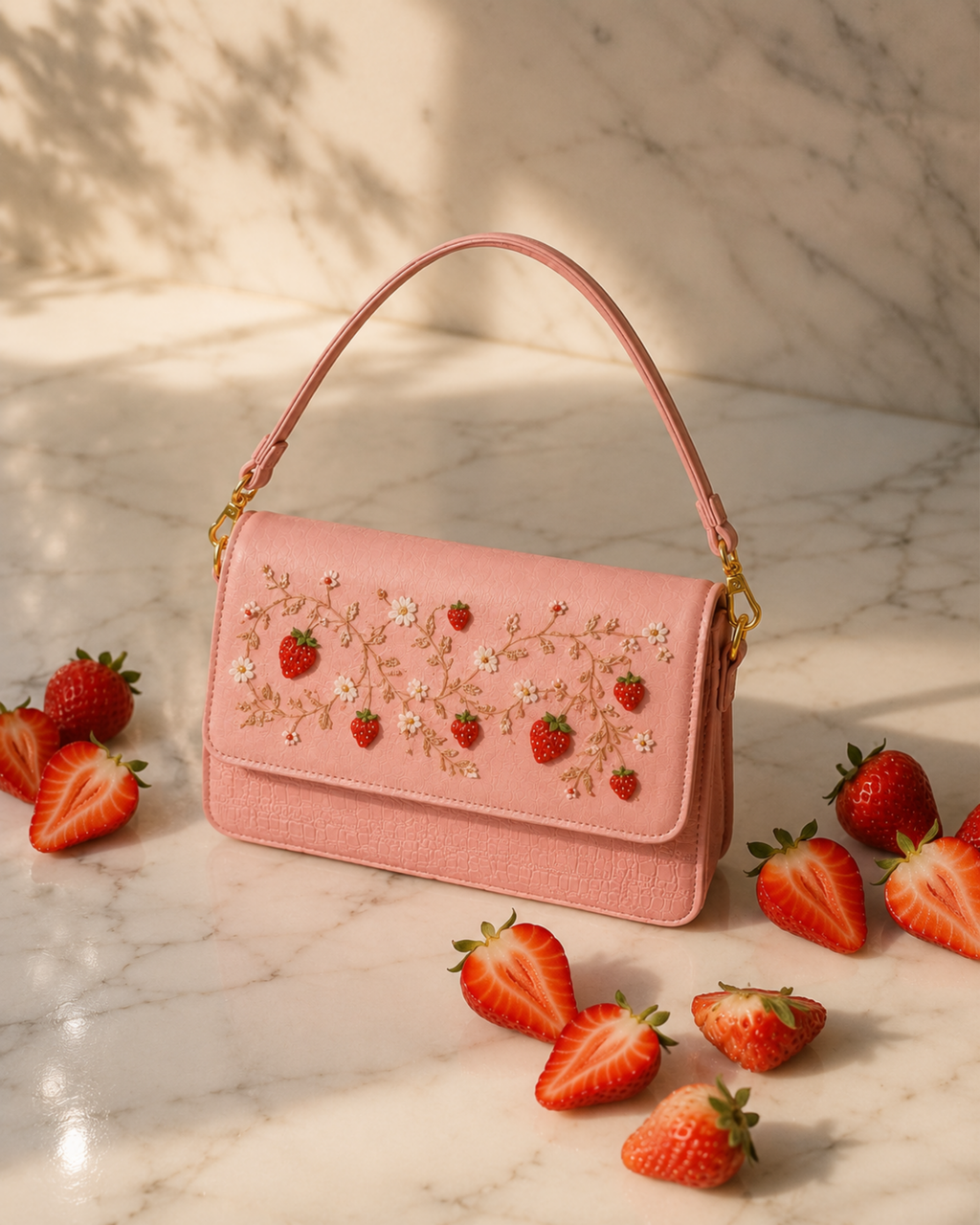 Fragola hand embroidered designer handbag with beaded strawberry detail on marble, surrounded by fresh strawberries