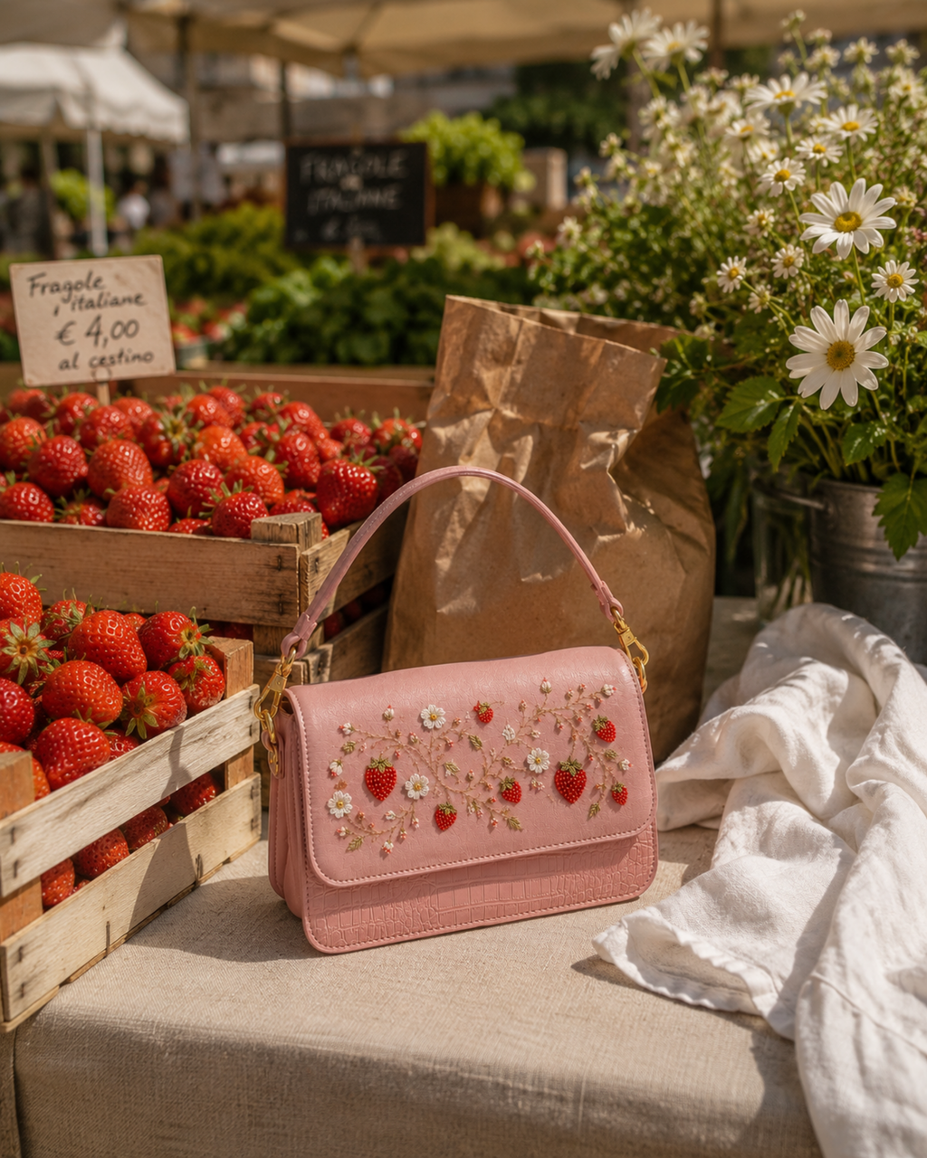 Fragola luxury handbag with strawberry embroidery displayed at an Italian strawberry market stall