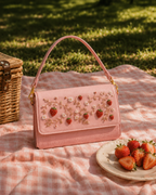 Fragola luxury embroidered crossbody bag on a pink gingham picnic blanket with strawberries