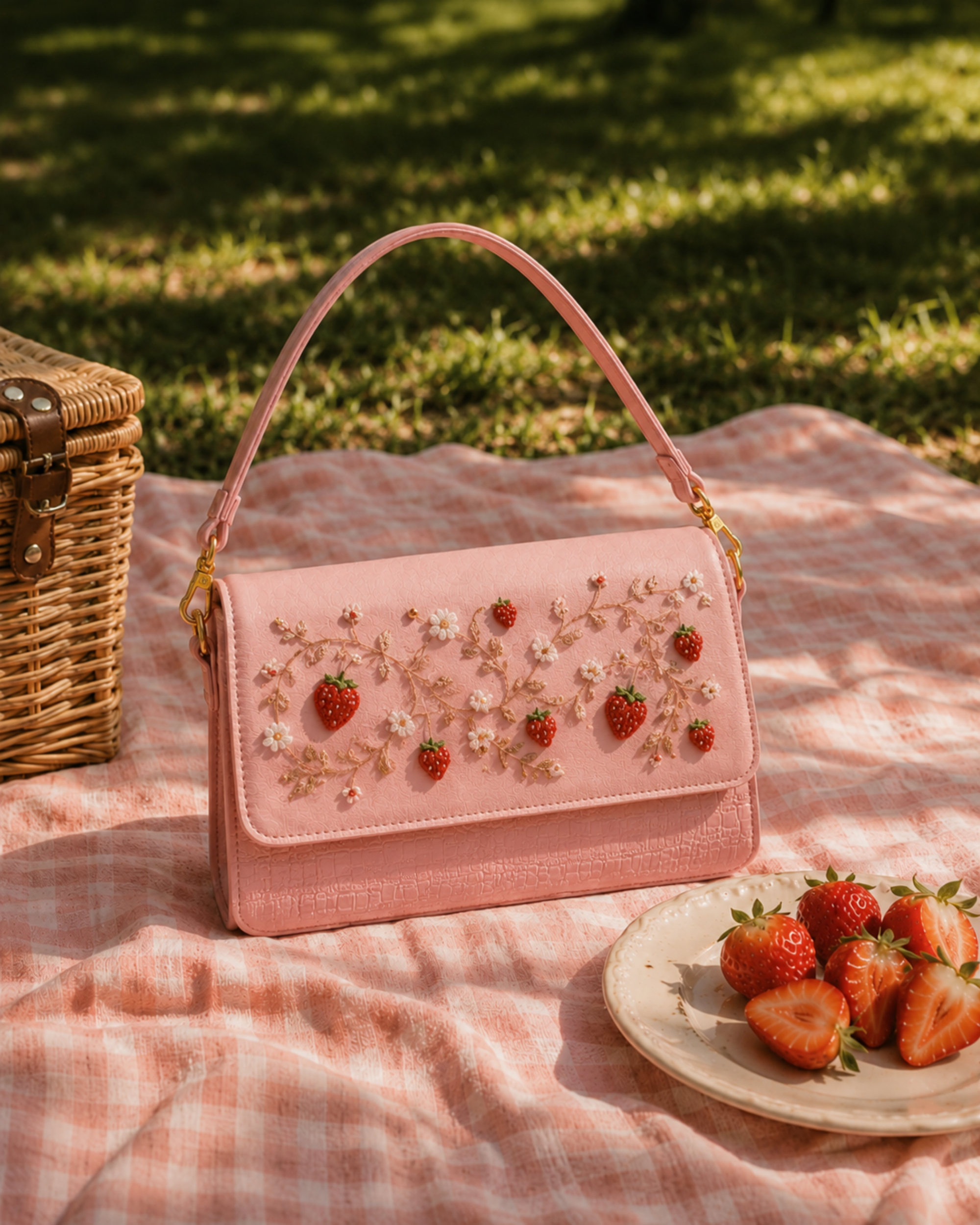 Fragola luxury embroidered crossbody bag on a pink gingham picnic blanket with strawberries