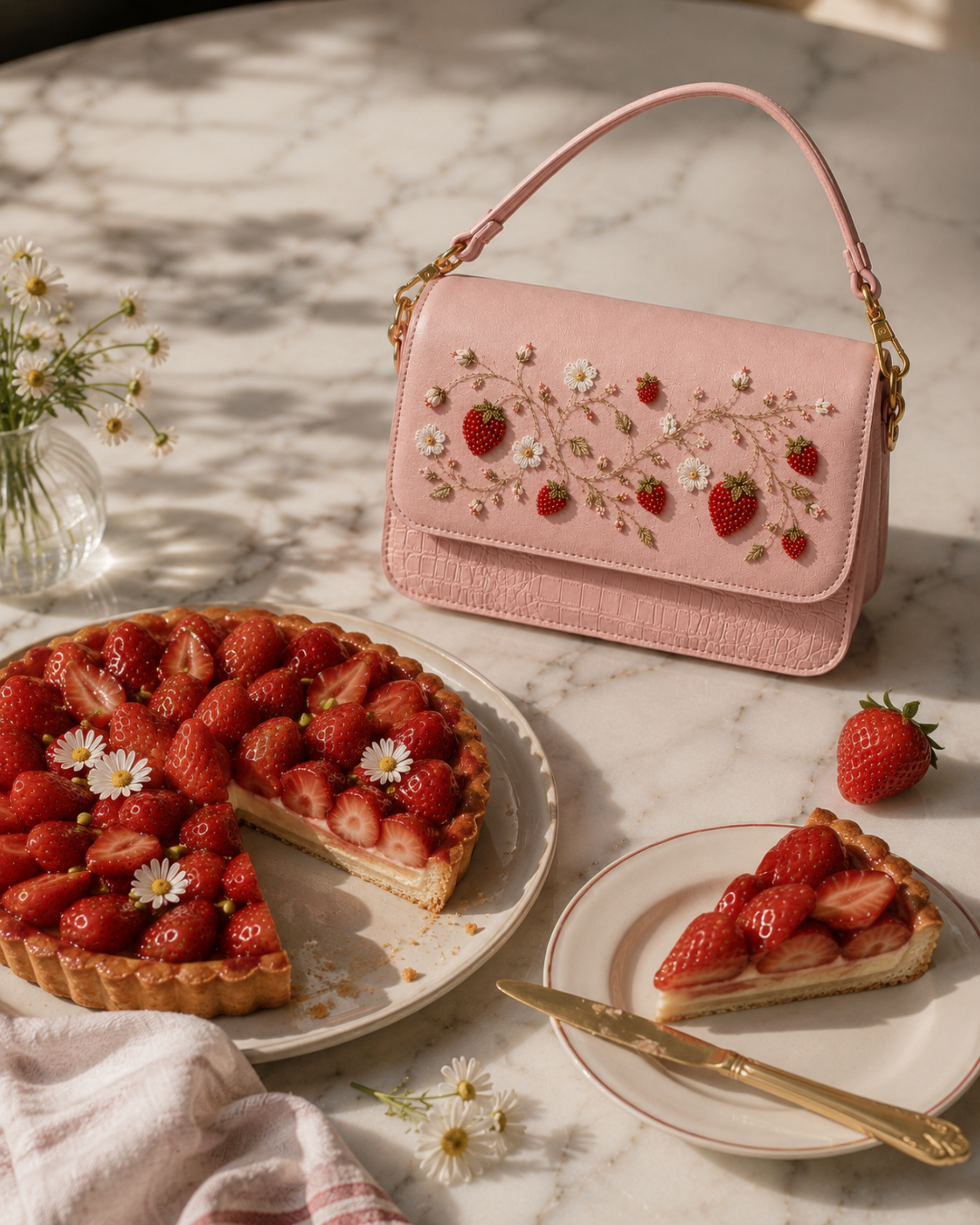 Fragola hand embroidered crossbody bag beside a fresh strawberry tart on marble table