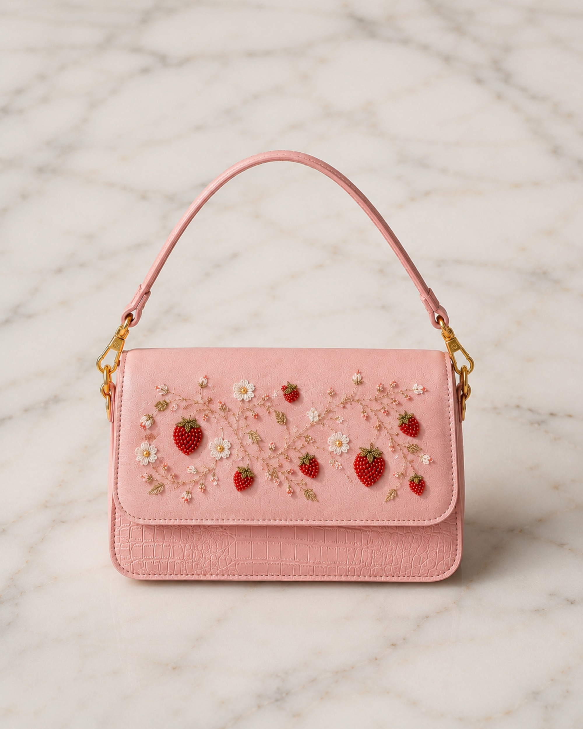 Fragola pink hand embroidered bag with strawberry and floral motif, studio product shot on marble