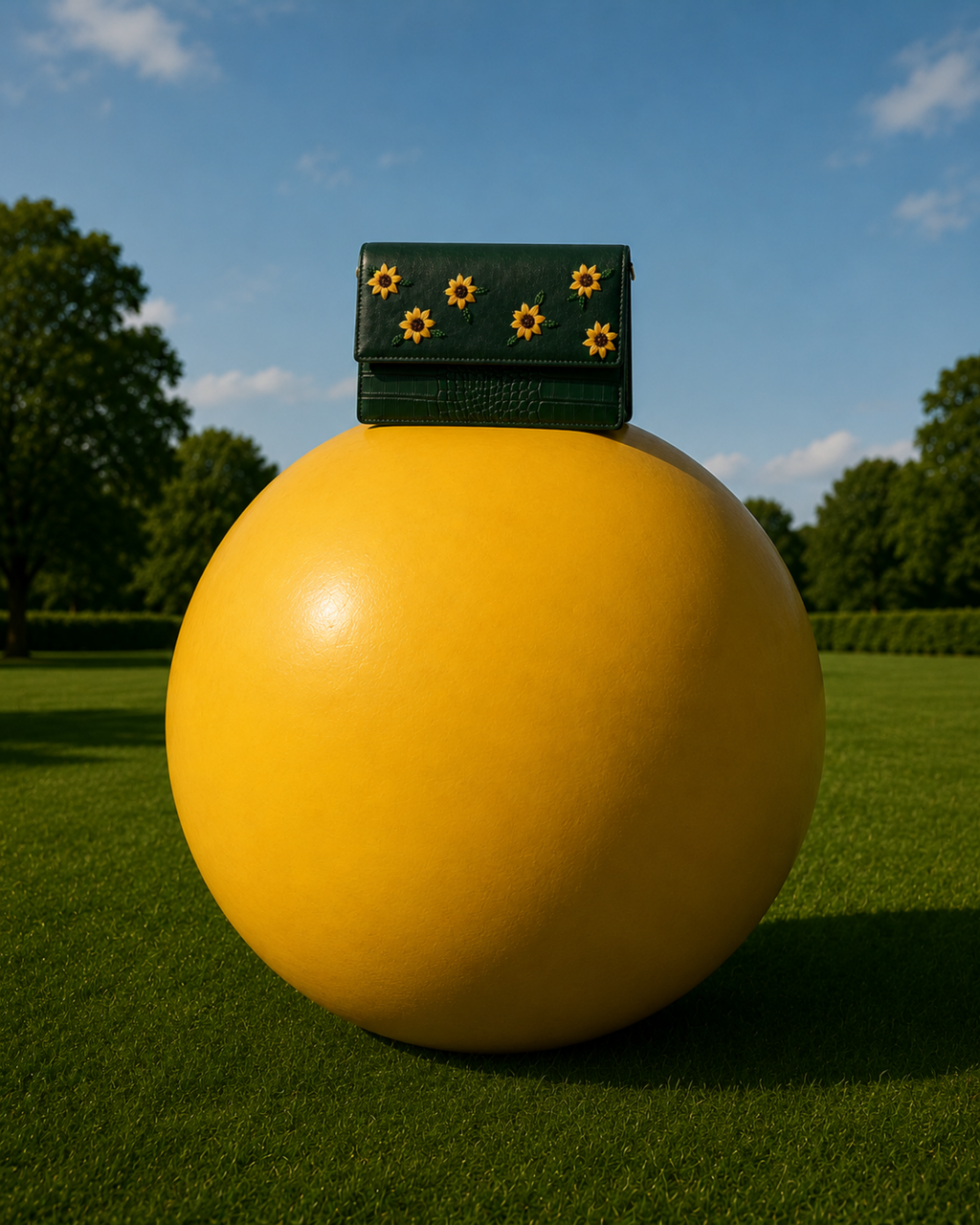 Girasole green Mini Gelato bag displayed on an oversized yellow sphere in a garden setting.