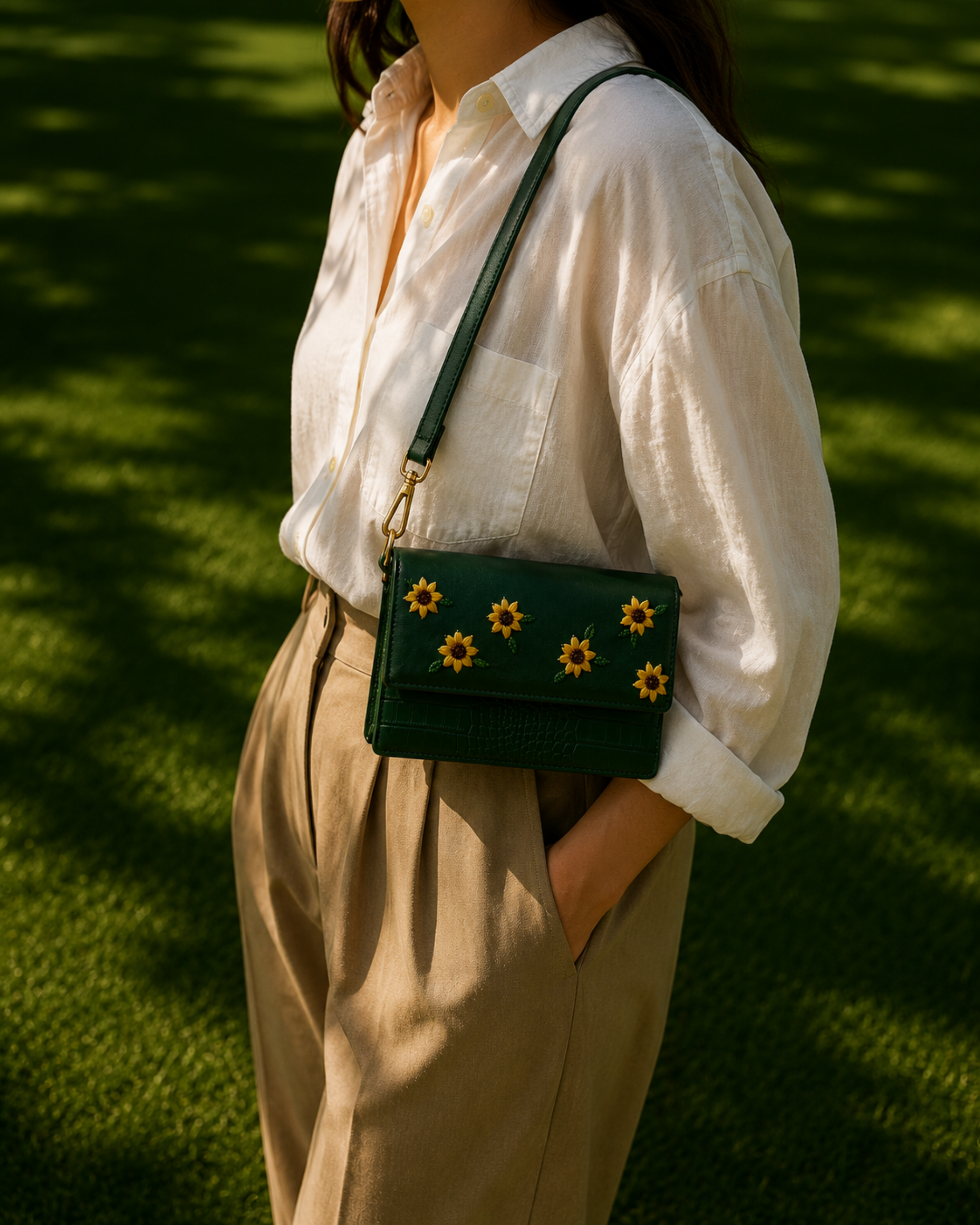 Girasole green mini shoulder bag styled crossbody with a white shirt and neutral trousers.