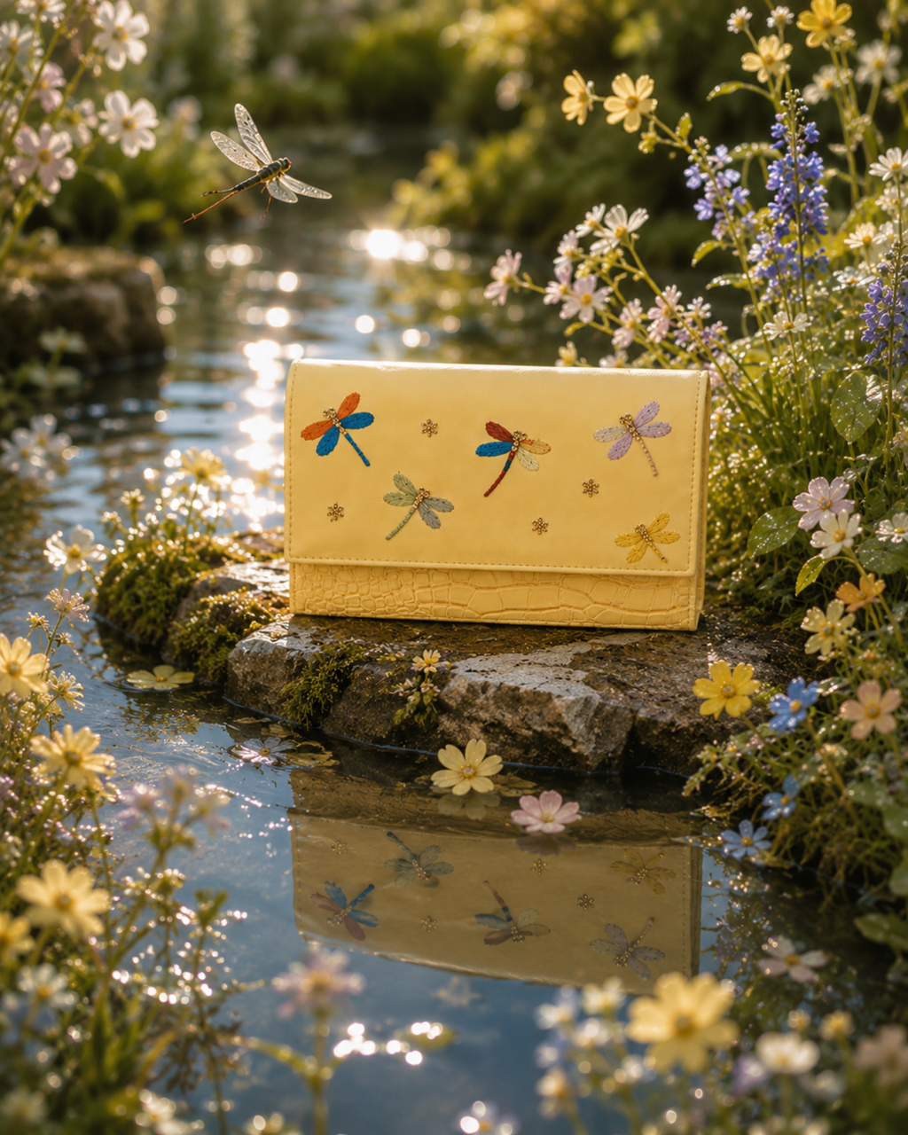 Libellula butter-yellow hand-embroidered dragonfly mini bag by The House of Shine, photographed beside a flower-filled garden pond.