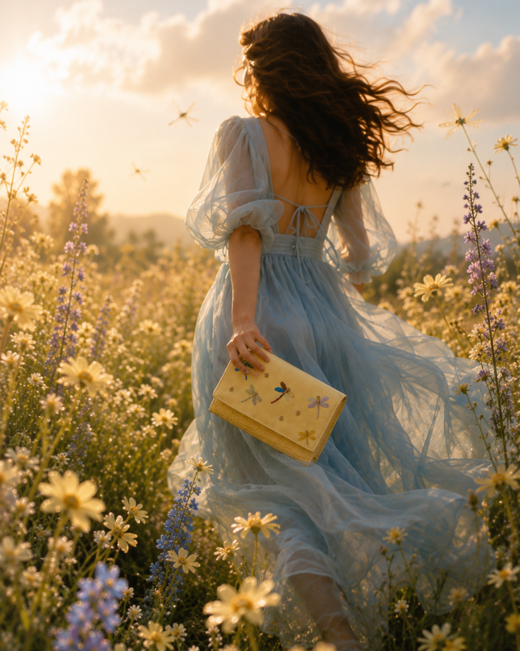 Woman in a flowing blue dress carrying the Libellula yellow hand-embroidered dragonfly mini bag through a sunlit wildflower meadow.