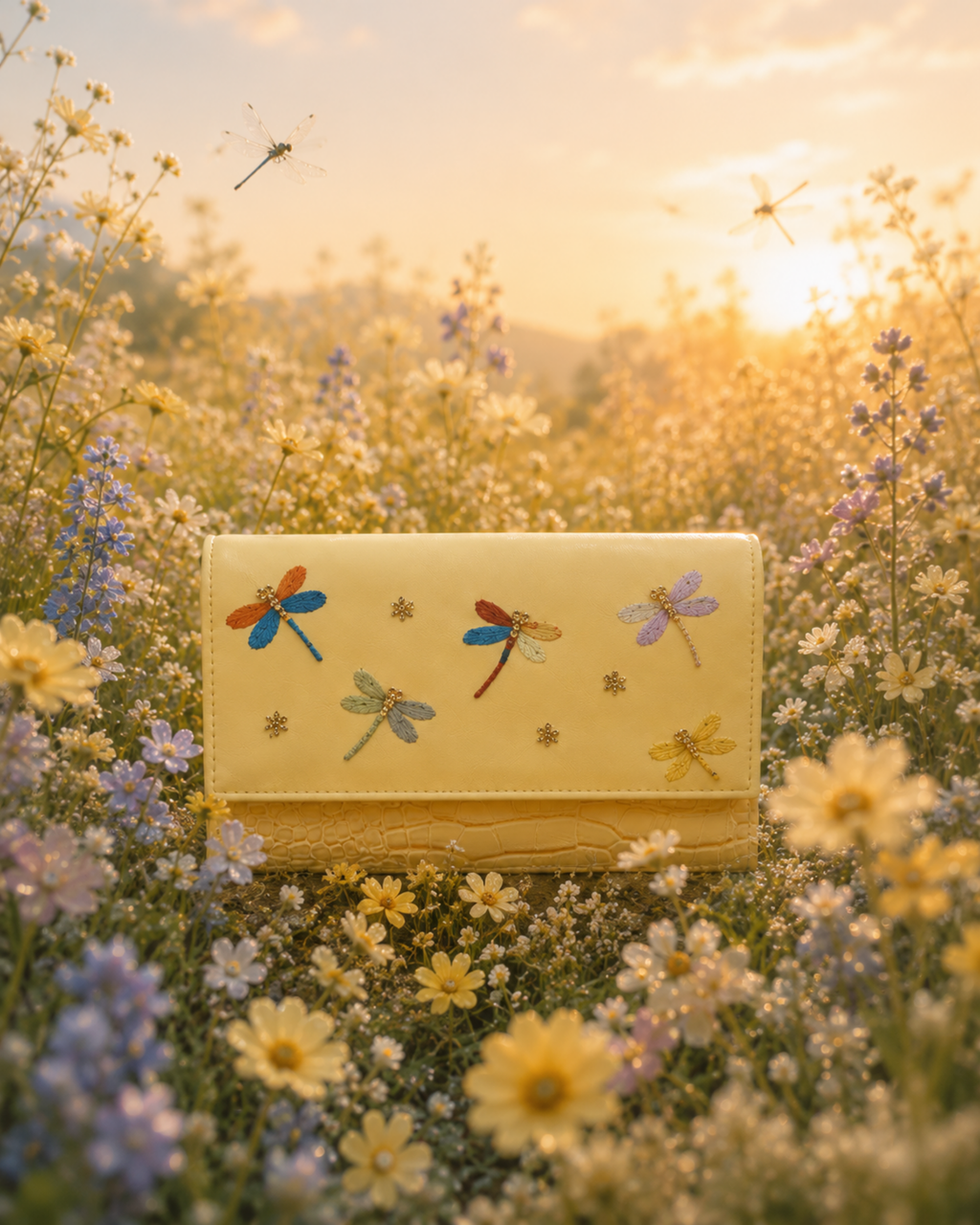 Front view of the Libellula structured yellow mini bag with colourful dragonfly embroidery, gold bead accents and croc-textured base.