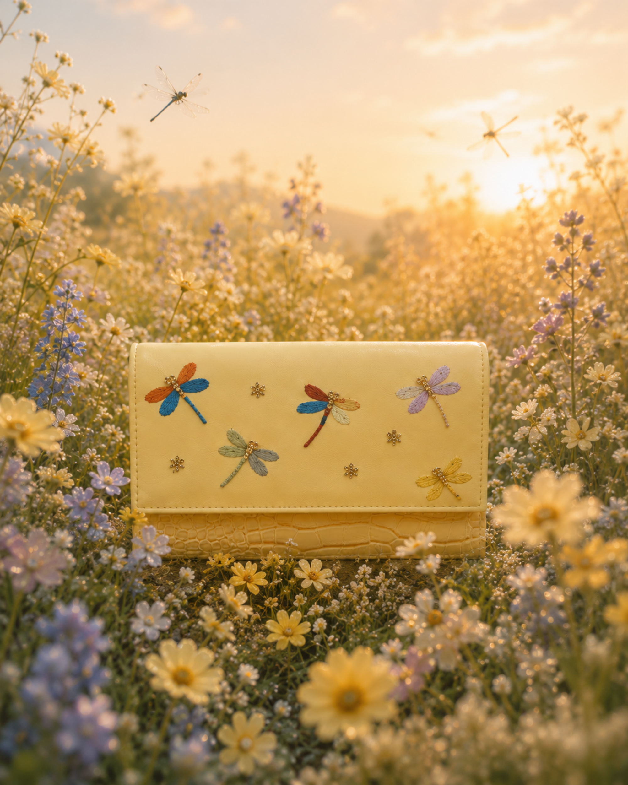 Front view of the Libellula structured yellow mini bag with colourful dragonfly embroidery, gold bead accents and croc-textured base.