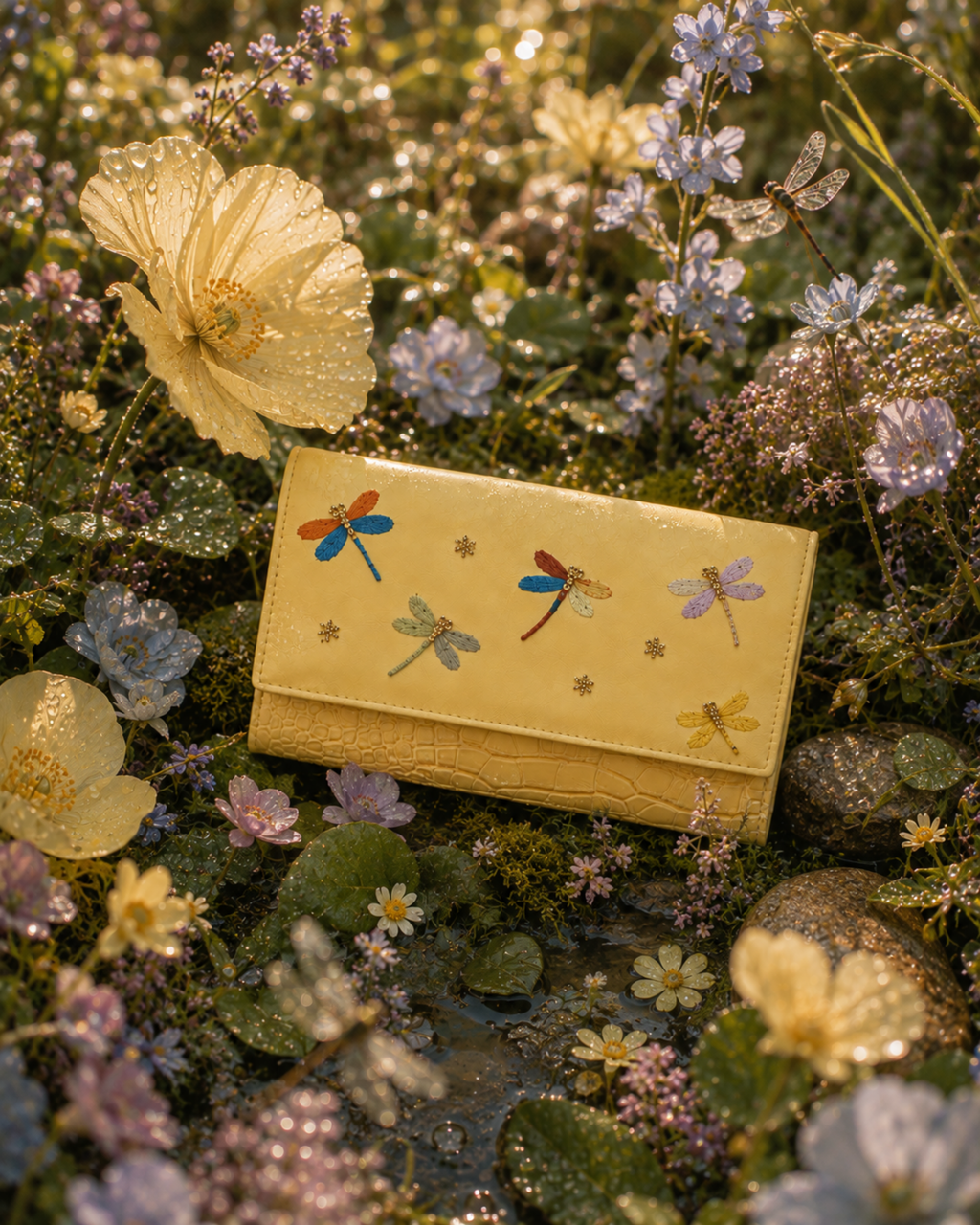 Libellula structured yellow mini bag featuring colourful hand-embroidered dragonflies and gold beadwork in a whimsical wildflower garden.