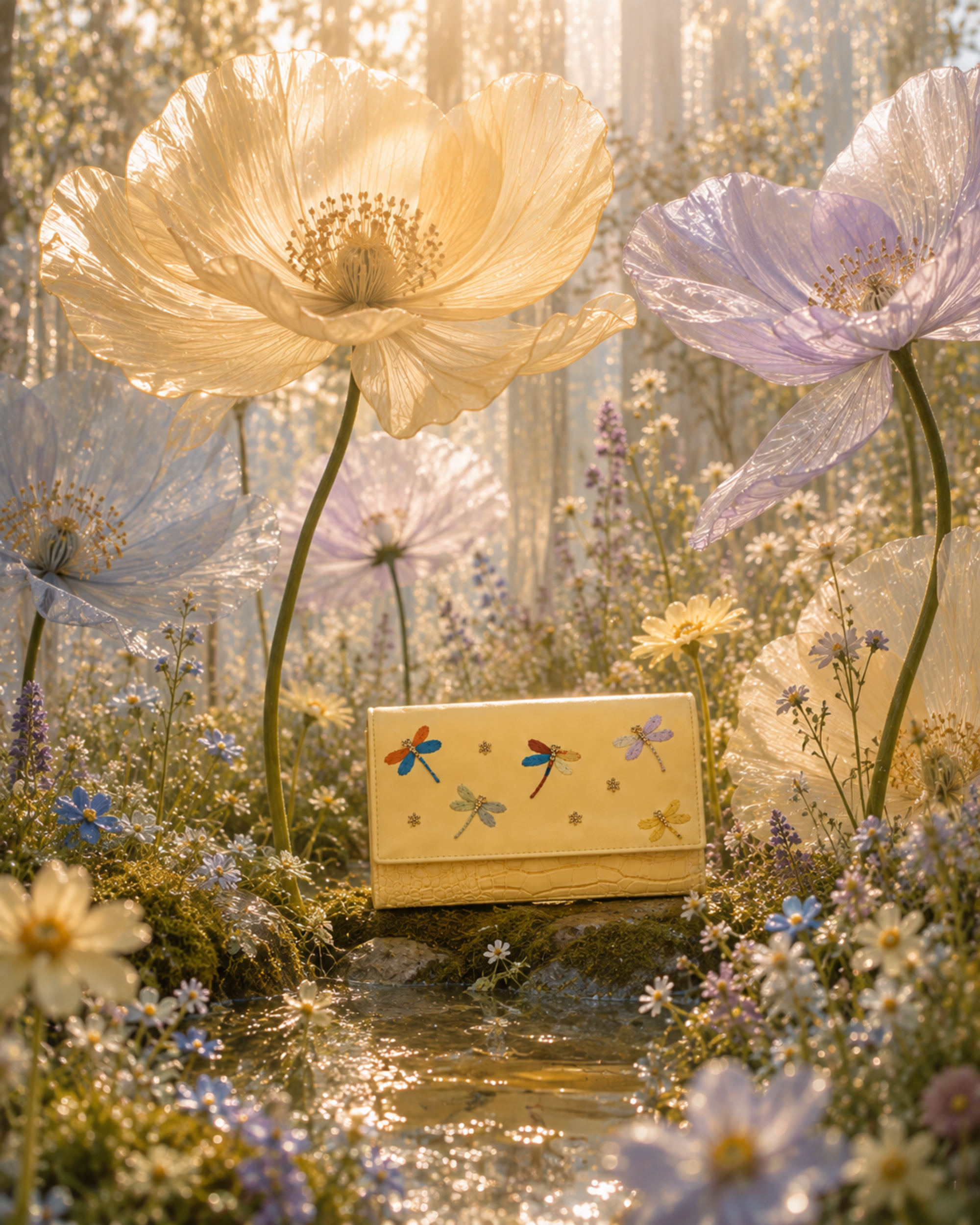 Libellula butter-yellow dragonfly embroidered mini bag surrounded by oversized translucent flowers in a dreamy summer garden.