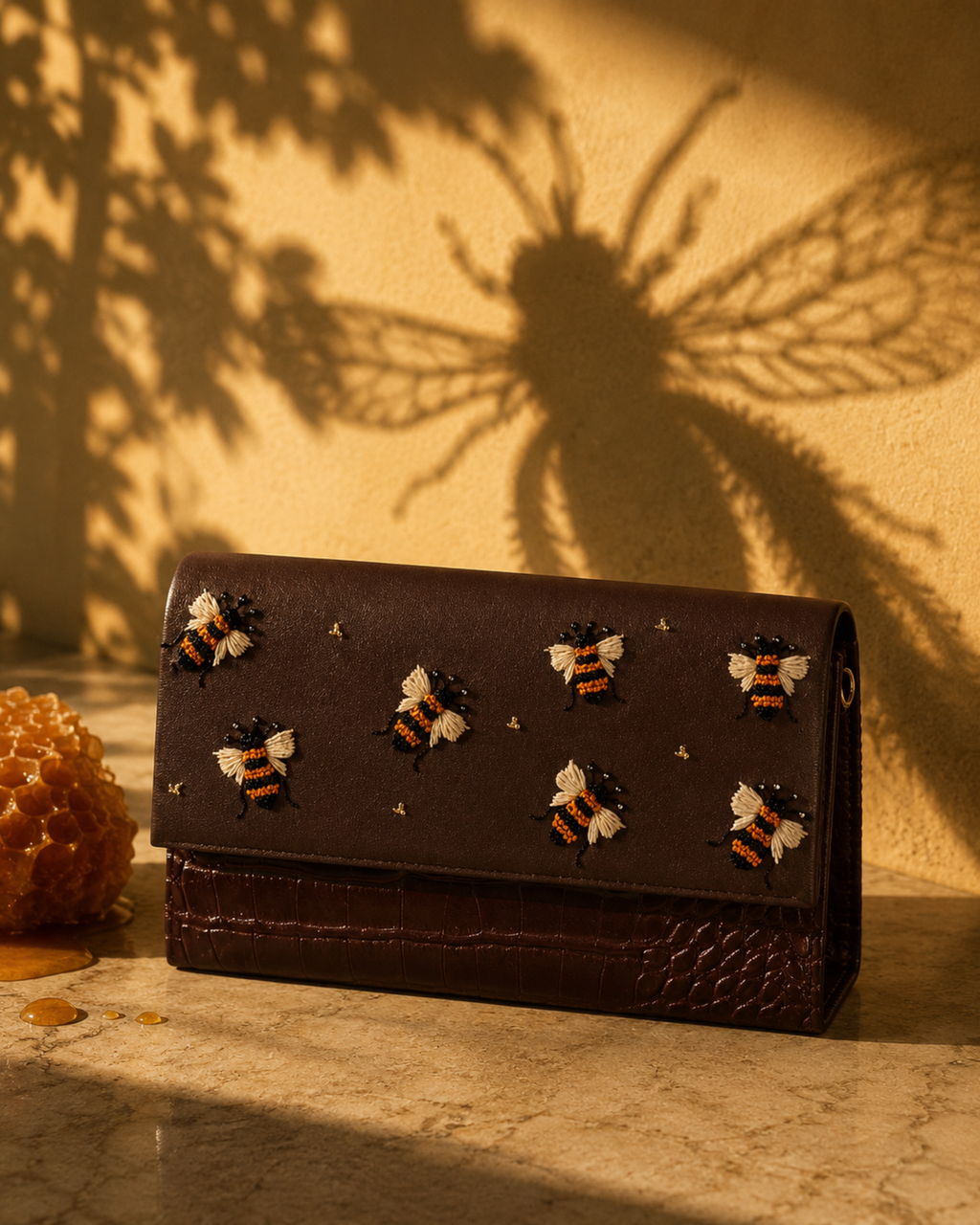 Miele chocolate brown embroidered mini bag by The House of Shine styled in golden light with honeycomb and an oversized bee shadow.