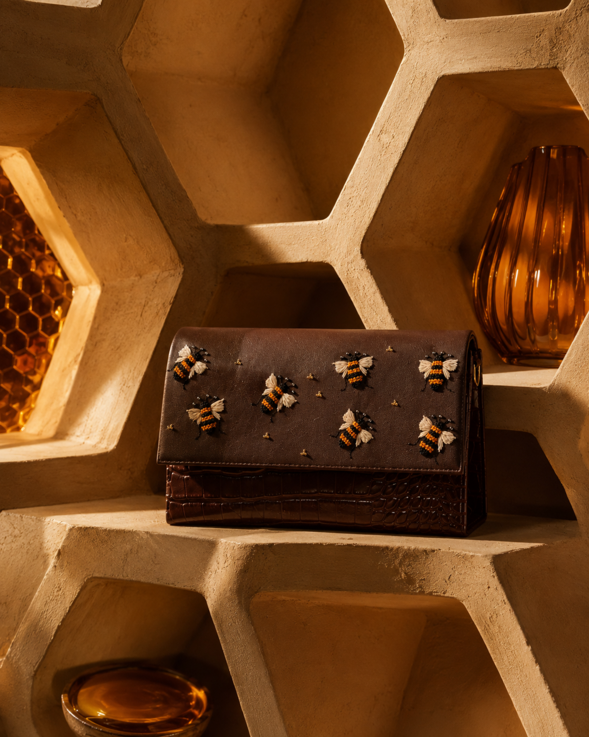Miele chocolate brown mini bag with hand-embroidered bees displayed against a sculptural honeycomb backdrop by The House of Shine.