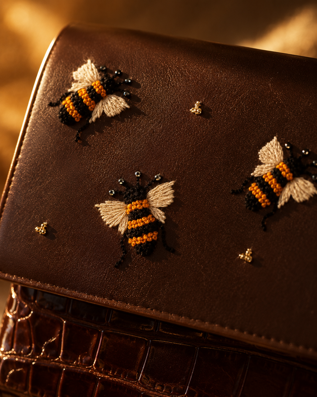 Close-up of handcrafted bee embroidery on the Miele chocolate brown mini bag by The House of Shine, featuring ivory, amber and black threadwork.