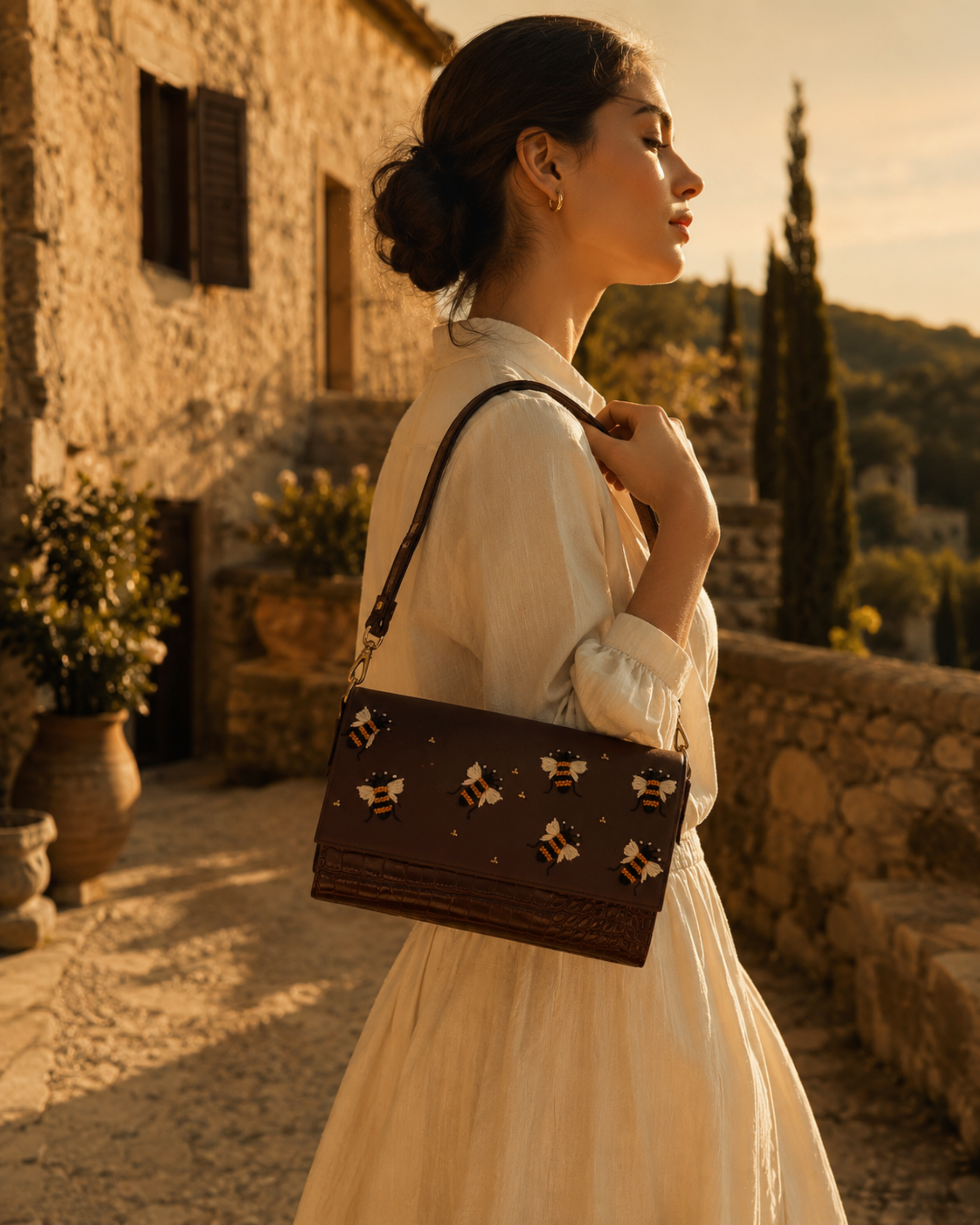 Woman carrying the Miele brown bee embroidered mini shoulder bag by The House of Shine with an ivory dress in a golden countryside setting.