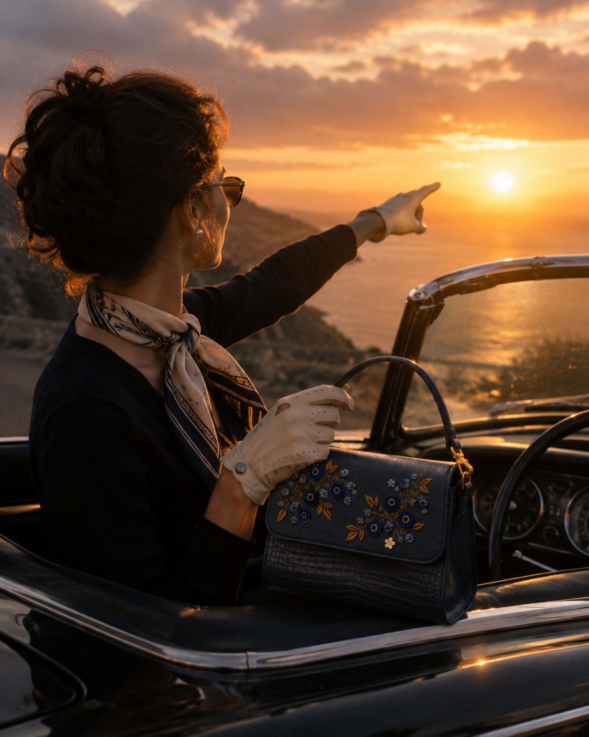 Woman in a convertible at sunset holding the Mirtillo hand embroidered designer handbag