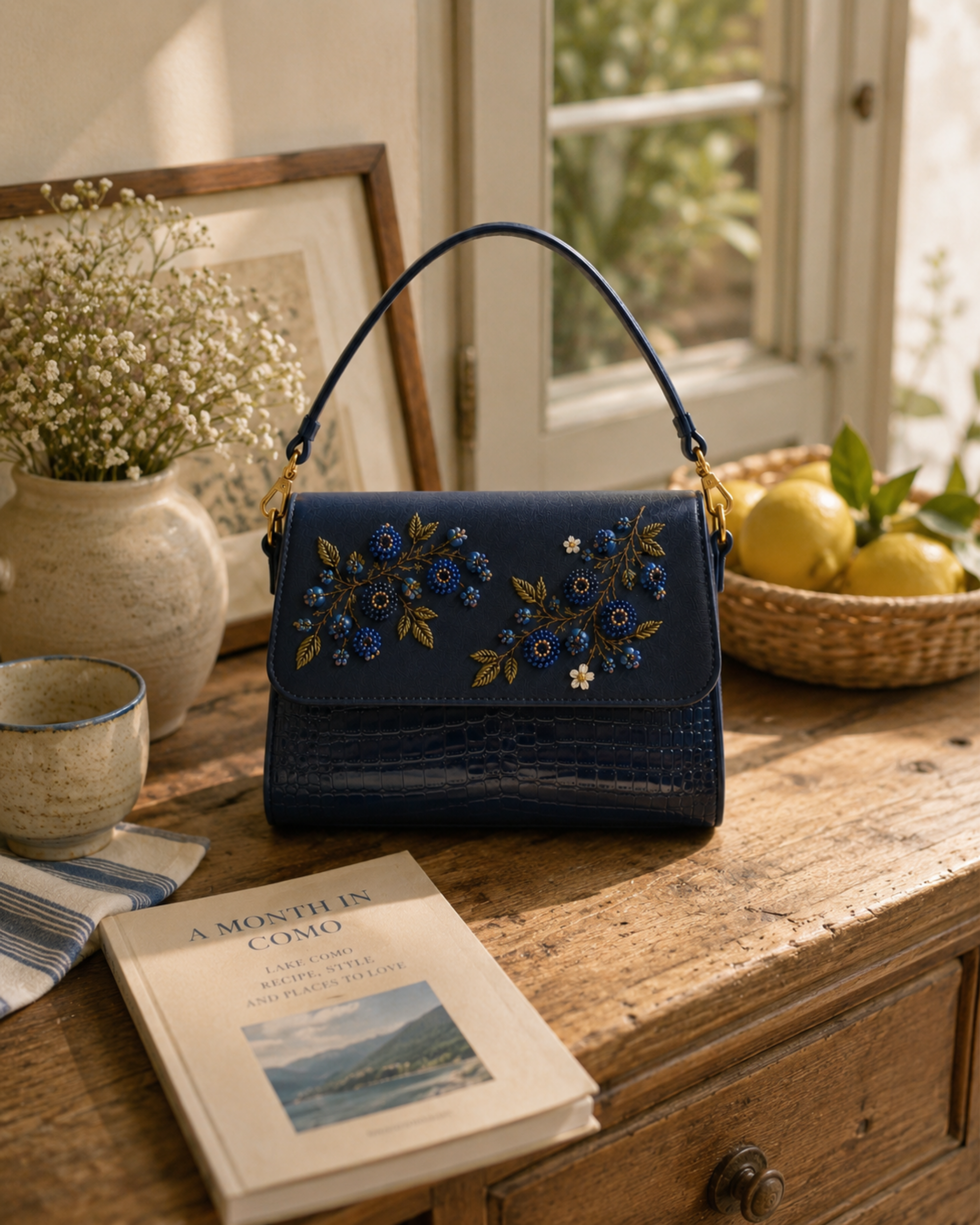 Mirtillo luxury handbag styled on a wooden dresser with lemons, dried flowers, and a travel journal