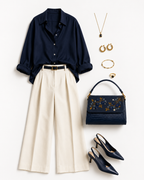 Mirtillo hand embroidered designer handbag styled in a navy and cream flatlay with gold jewellery and slingback heels