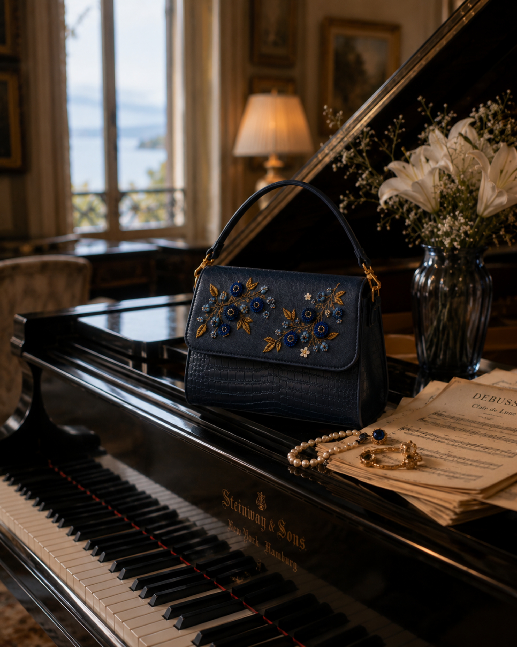 Mirtillo hand embroidered designer handbag on a grand piano with pearls, gold rings, and sheet music