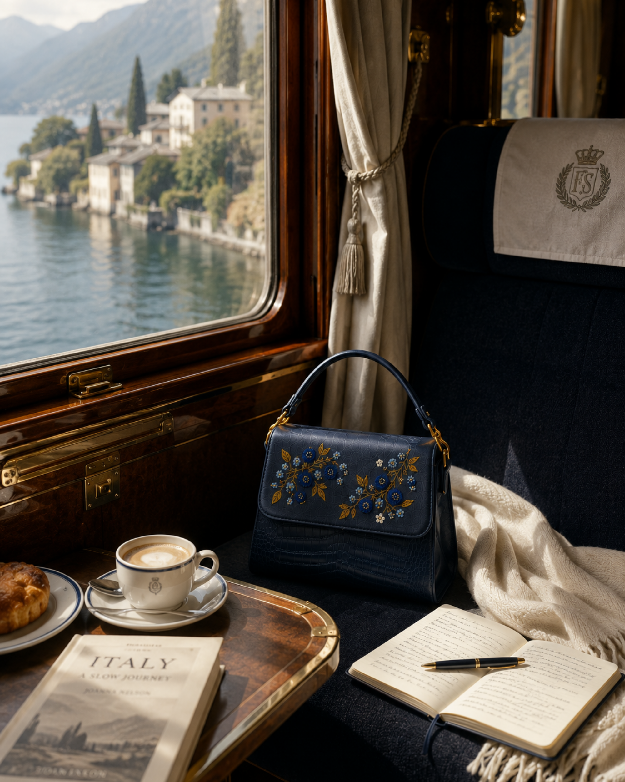 Mirtillo embroidered bag on a vintage train table with coffee, a leather journal, and a lakeside view