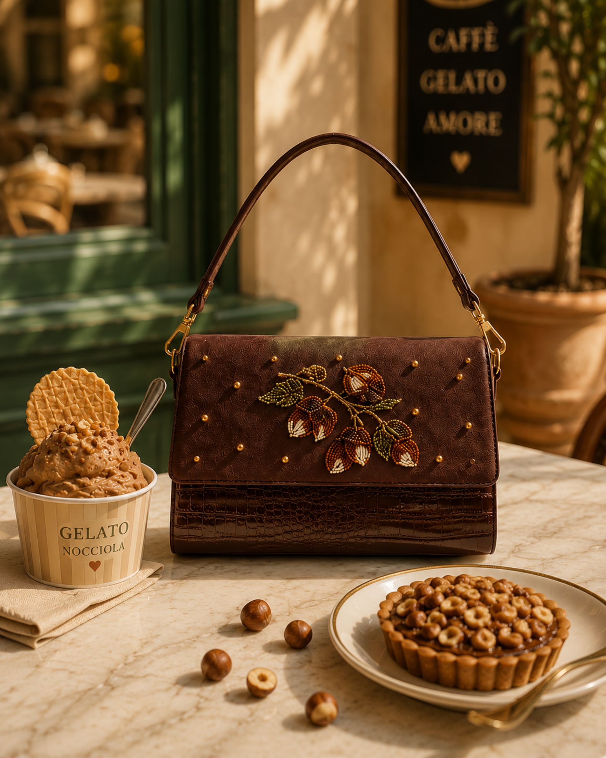Hand embroidered bag India — The Nocciola cognac brown shoulder bag with hazelnut branch beadwork, styled at an Italian gelateria