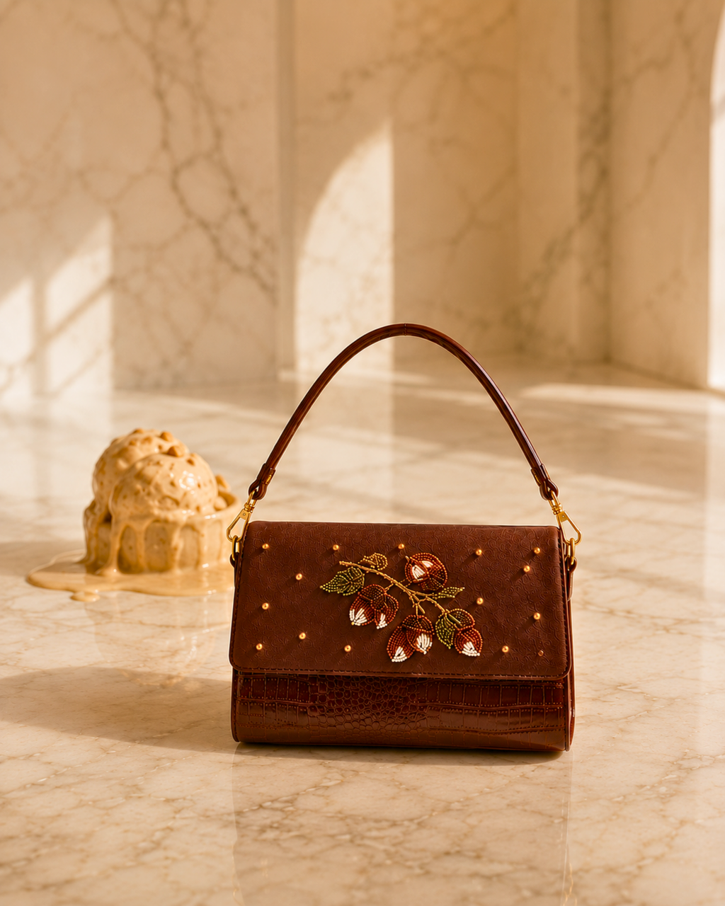 Luxury embroidered satchel — The Nocciola hand beaded hazelnut motif bag on sunlit marble flooring