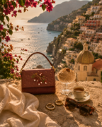 Hand embroidered bag India — The Nocciola with panoramic Positano coastline and gelato styling