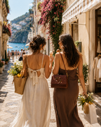Embroidered crossbody bag — The Nocciola worn on a coastal Italian street, lifestyle editorial
