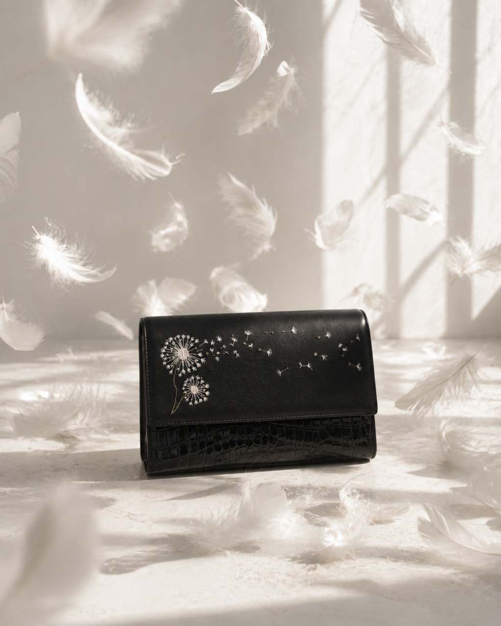 Soffio structured black mini bag surrounded by floating white feathers in a soft sunlit editorial setting.