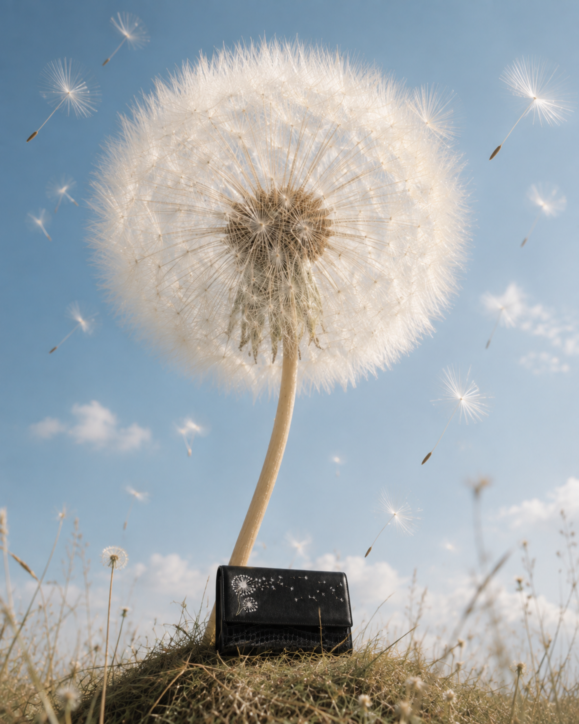 Soffio black embroidered mini bag beneath an oversized dandelion with drifting seeds against a blue sky.