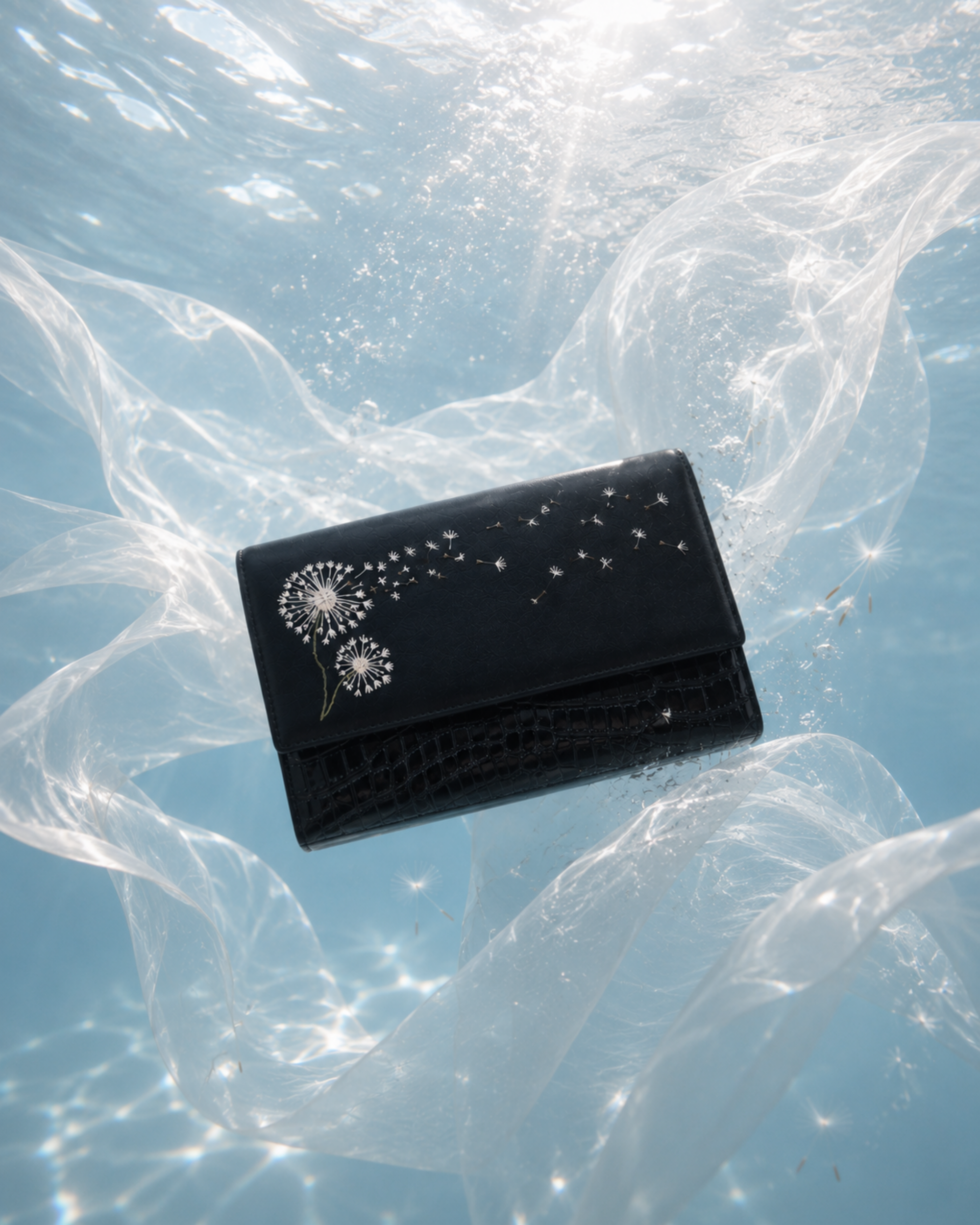 Soffio black dandelion embroidered mini bag surrounded by flowing translucent fabric in a dreamy blue underwater-inspired setting.