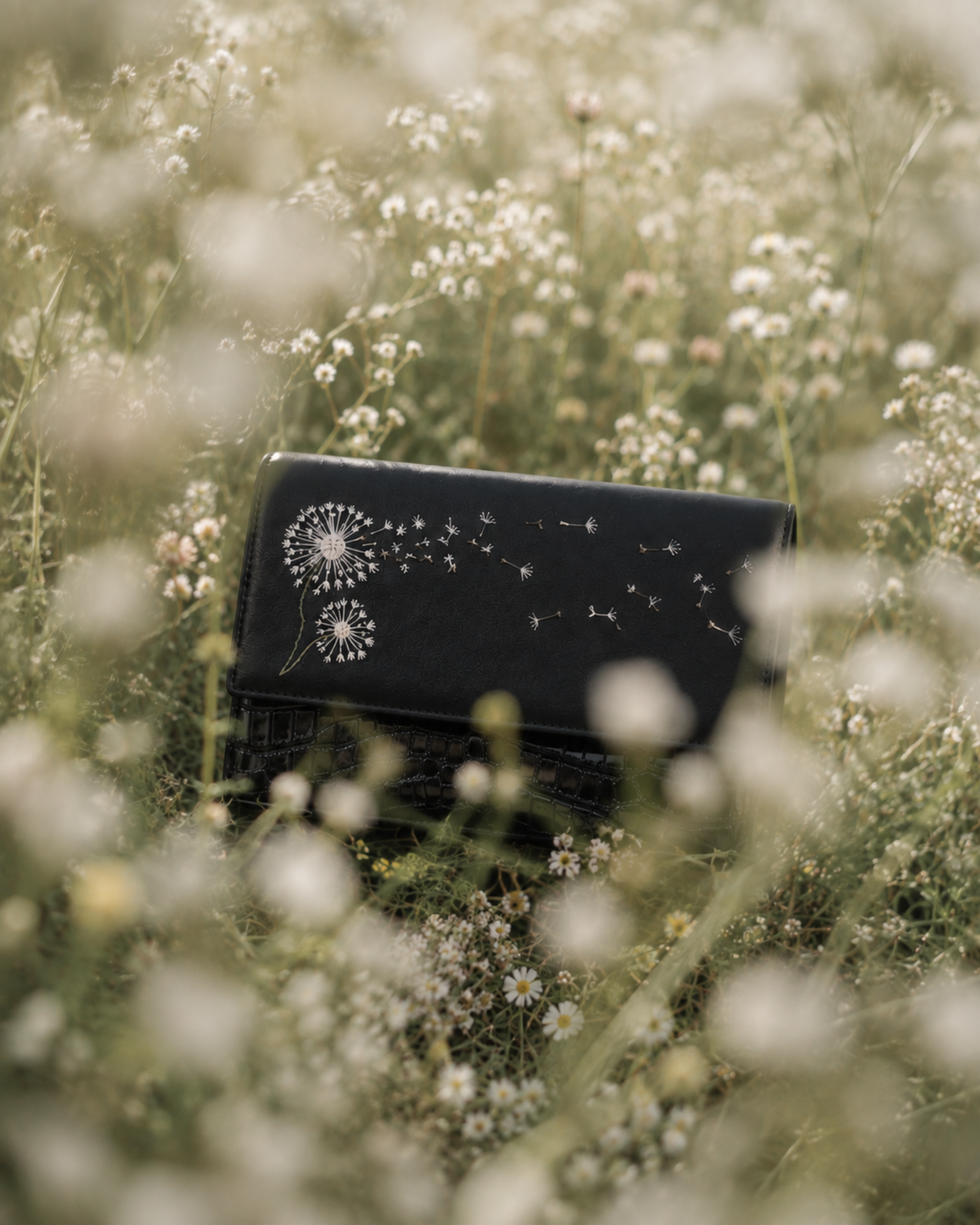 Soffio black mini bag with white dandelion embroidery photographed among soft wildflowers in a dreamy meadow.