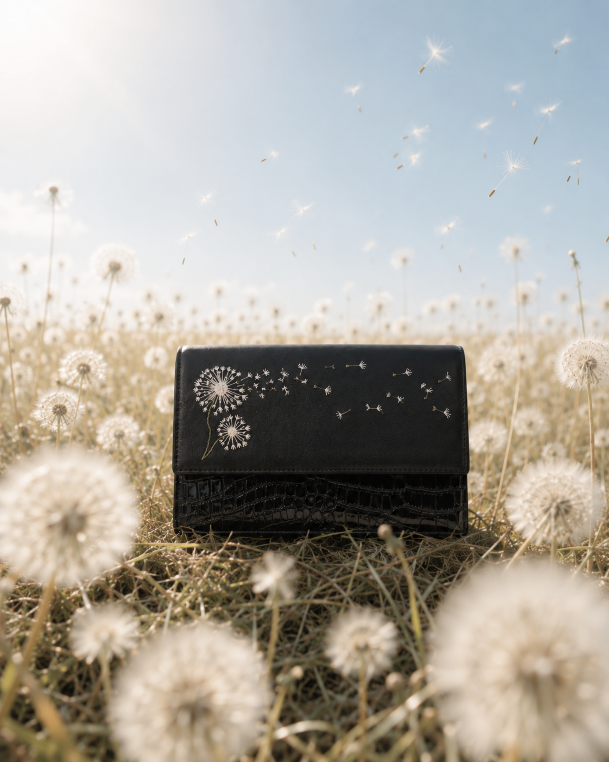 Soffio black structured mini bag with hand-embroidered dandelions photographed in a dreamy dandelion field.