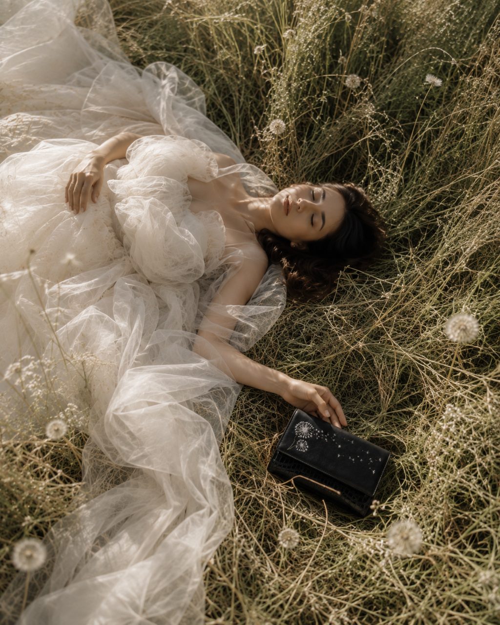 Woman in an ivory dress lying in a meadow beside the Soffio black dandelion embroidered mini bag.