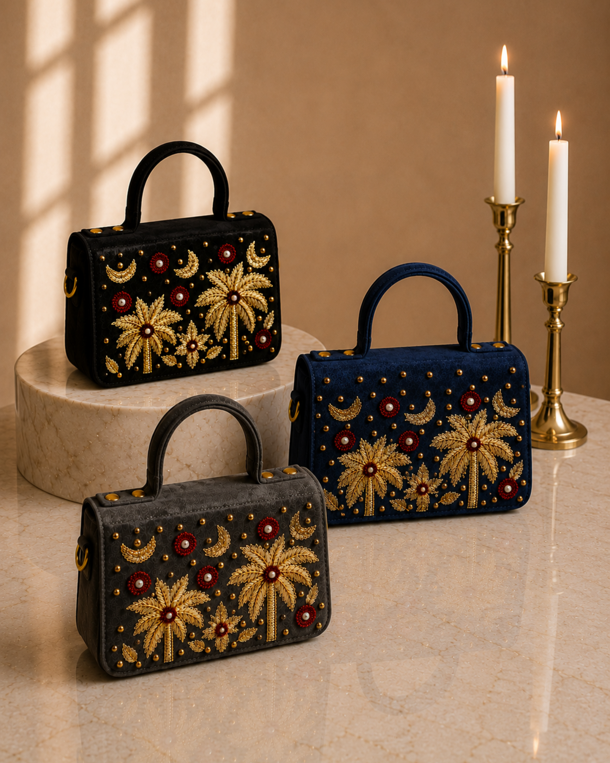 House of Shine Tropical Moonbeam Satchel in all three colorways — black, charcoal and navy velvet — gold zardozi hand embroidered luxury satchel India